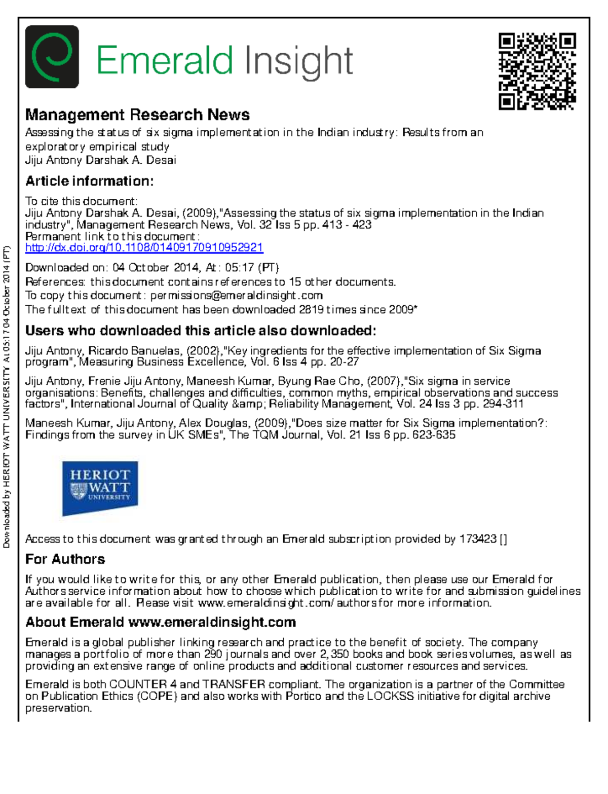 Six Sigma in Indian Industry - Management Research News Assessing t he ...