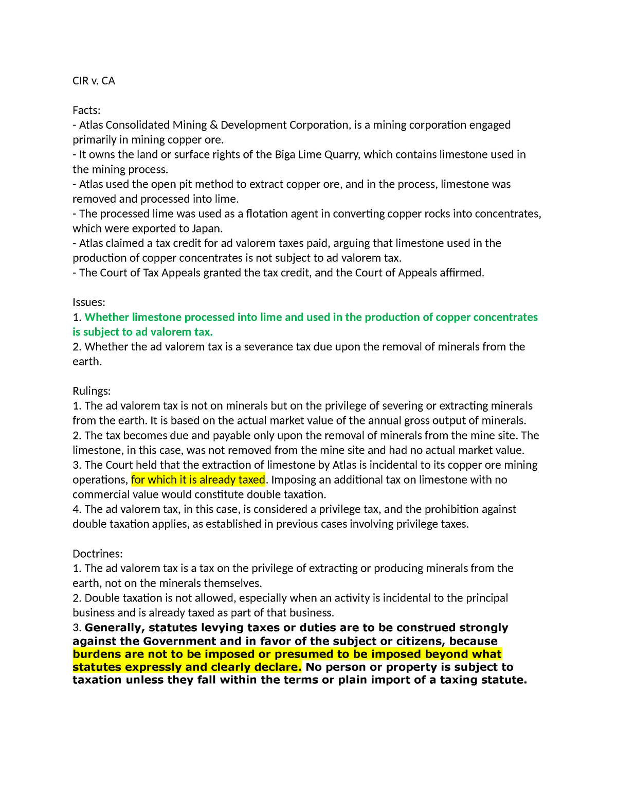 CIR v CA case digest - CIR v. CA Facts: - Atlas Consolidated Mining ...