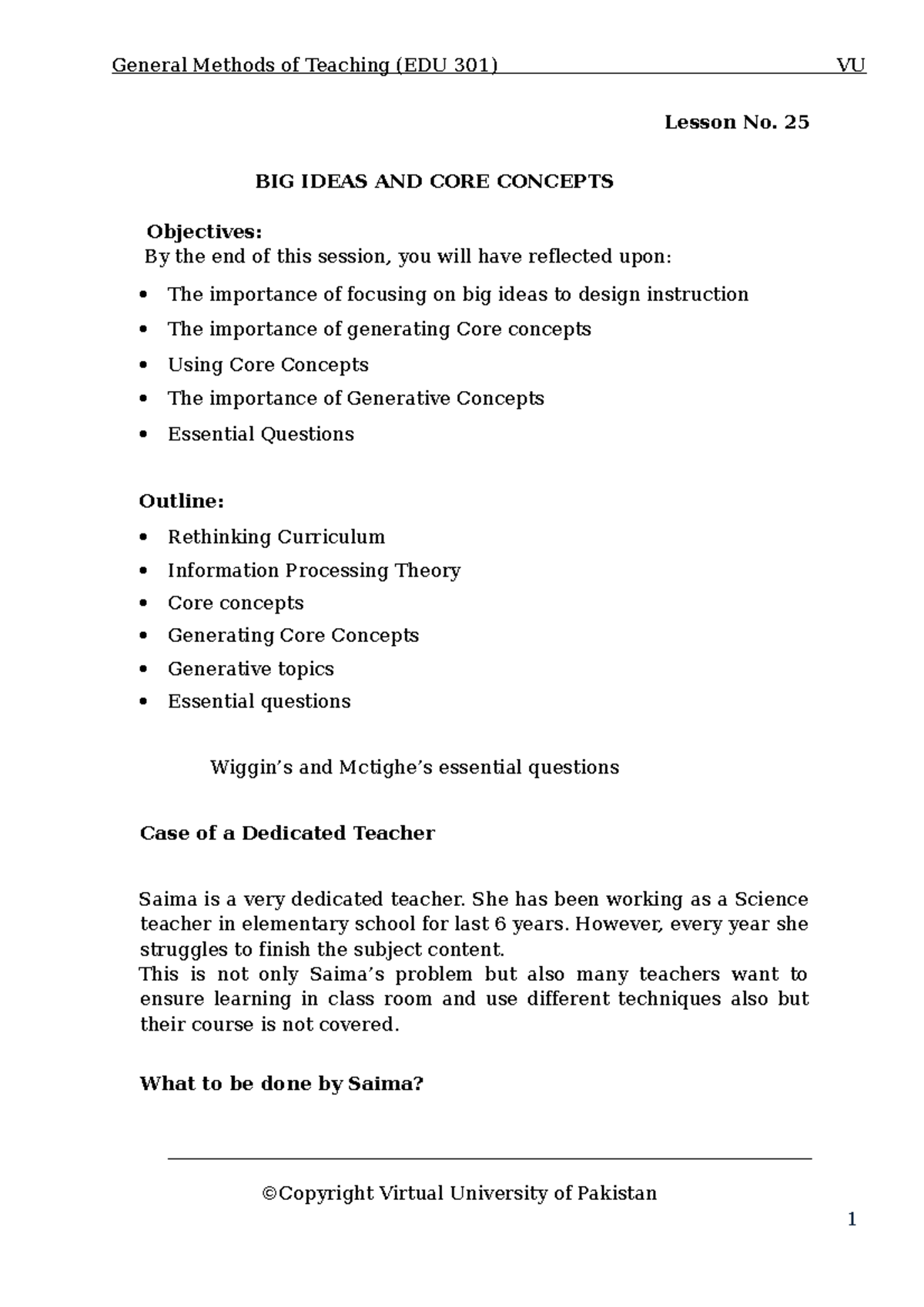 GMT Lesson 25 - Hand outs - Lesson No. 25 BIG IDEAS AND CORE CONCEPTS ...