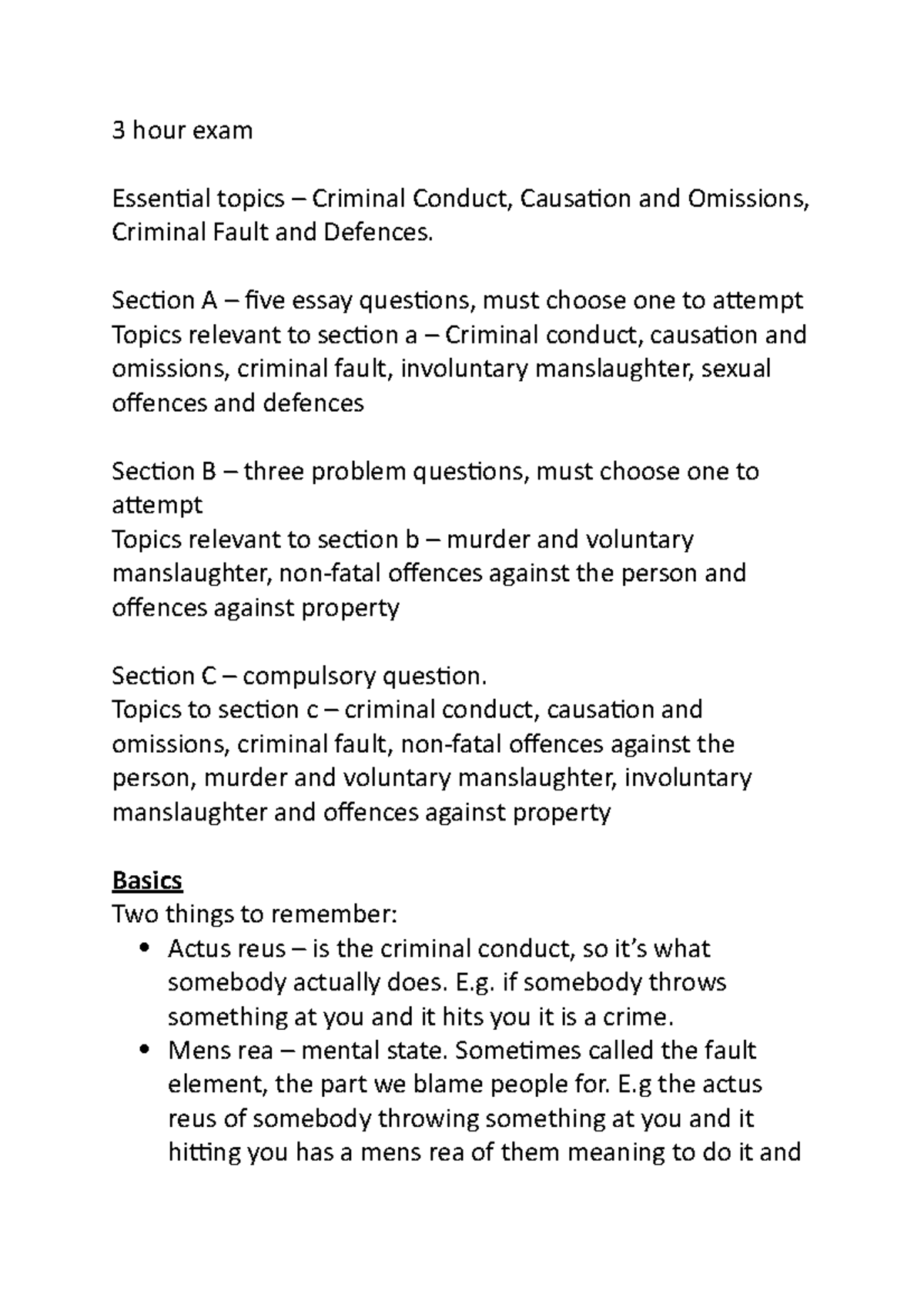 Criminal Law Exam notes - 3 hour exam Essential topics Criminal Conduct ...
