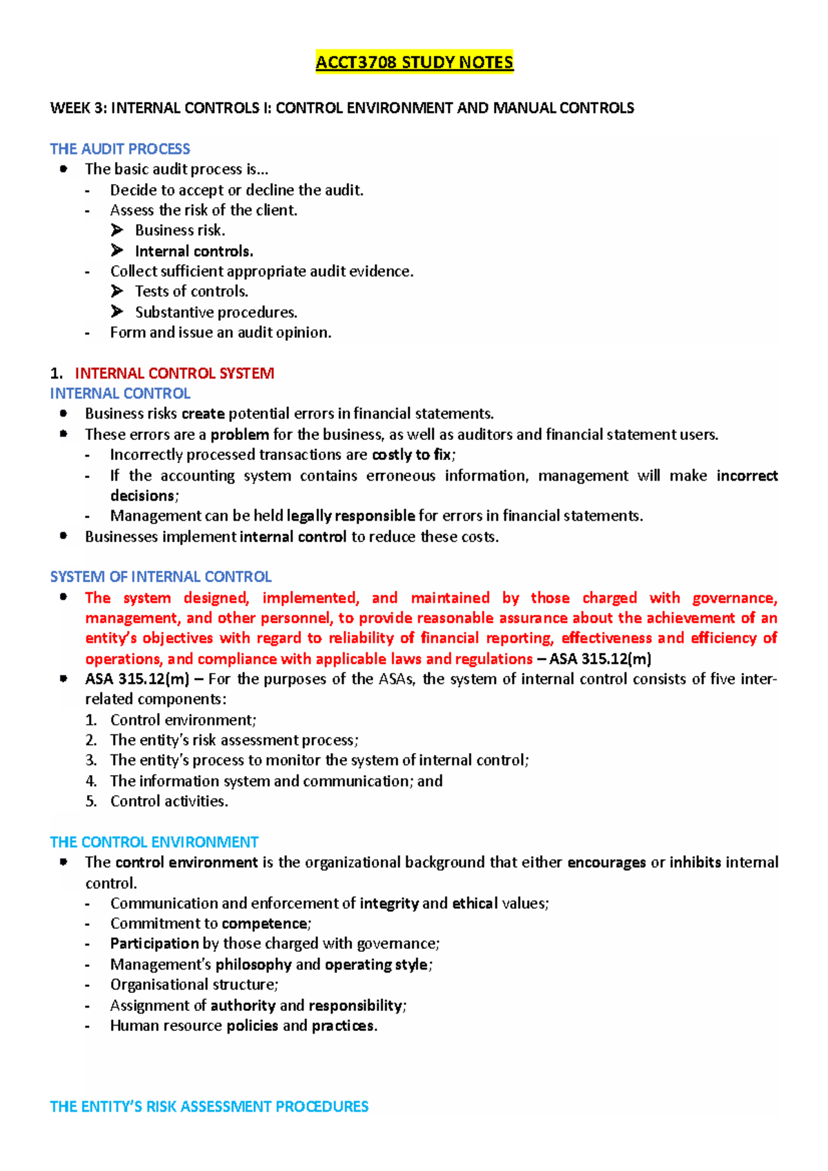 Week 3 - Notes - ACCT3708 STUDY NOTES WEEK 3: INTERNAL CONTROLS I ...