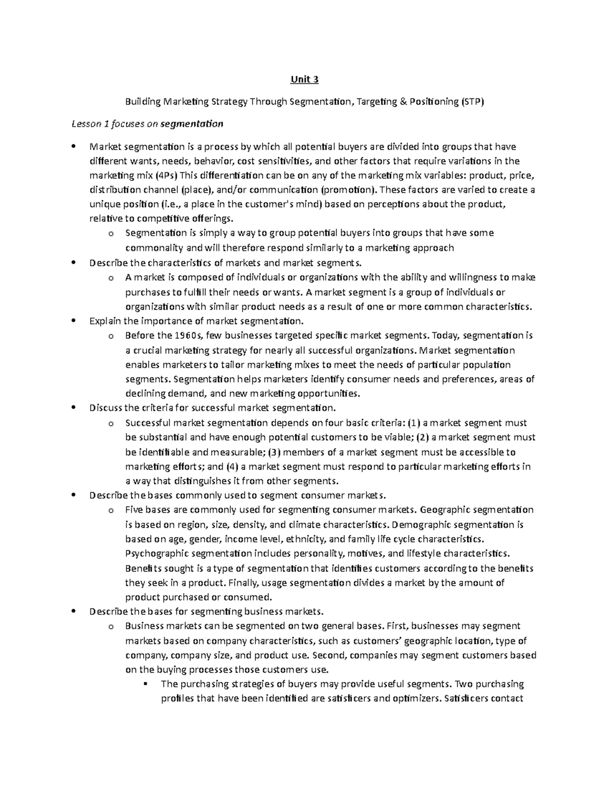 Unit 3 notes - Unit 3 Building Marketing Strategy Through Segmentation ...
