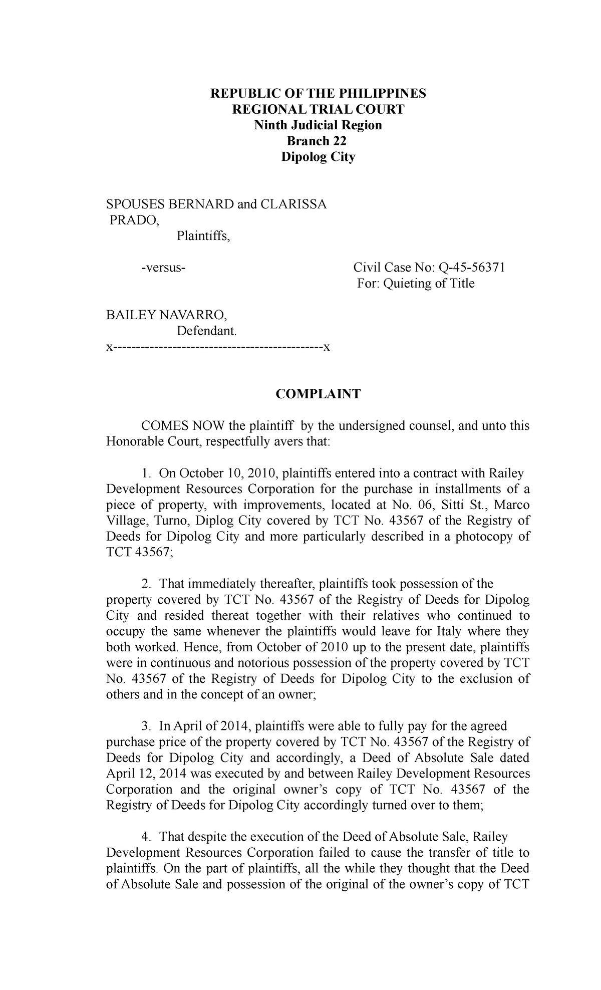 334036326 Complaint of Quieting of Title - REPUBLIC OF THE PHILIPPINES ...