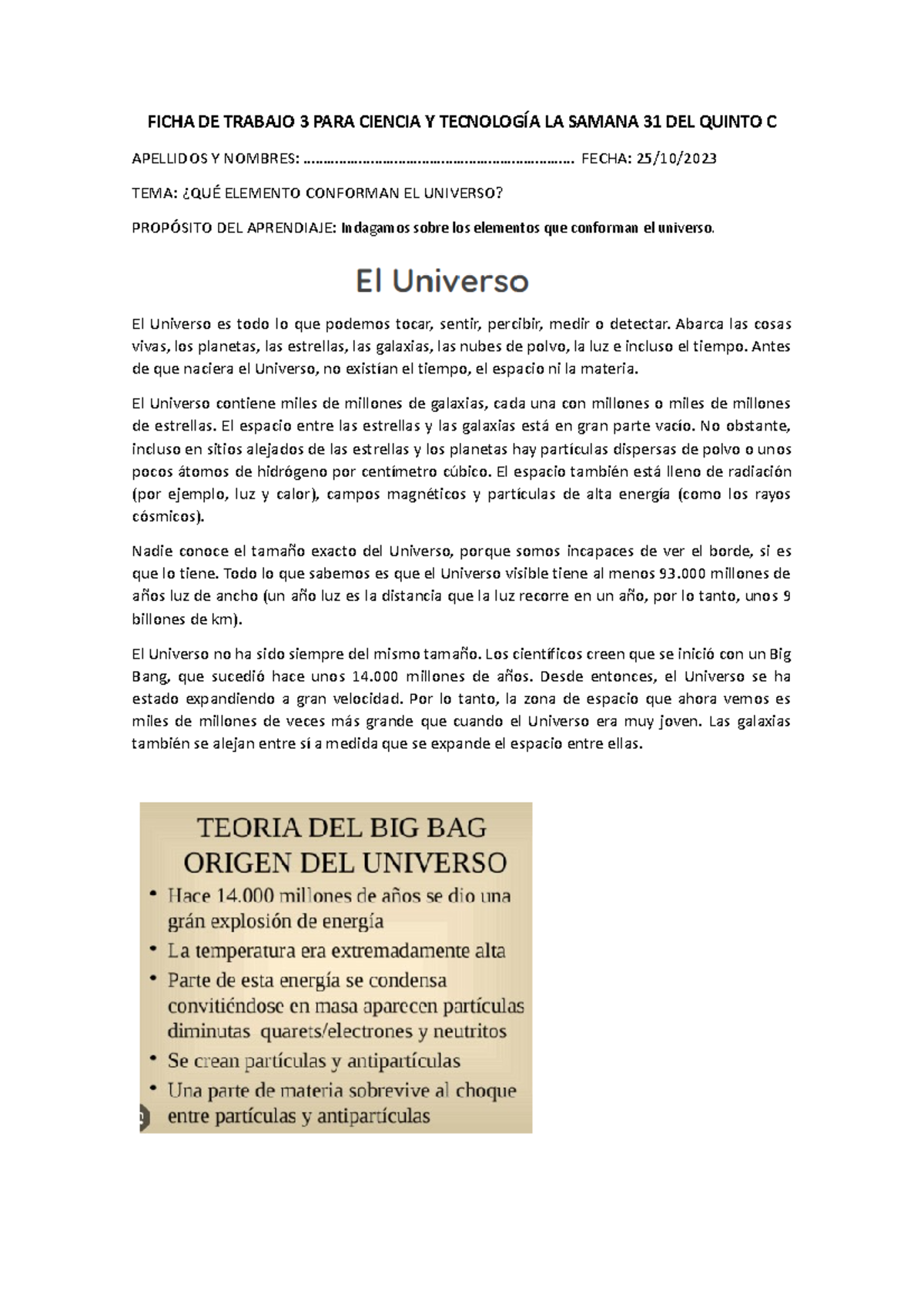 Ficha DE Trabajo 3 PARA Ciencia Y Tecnología LA Samana 31 DEL Quinto C ...