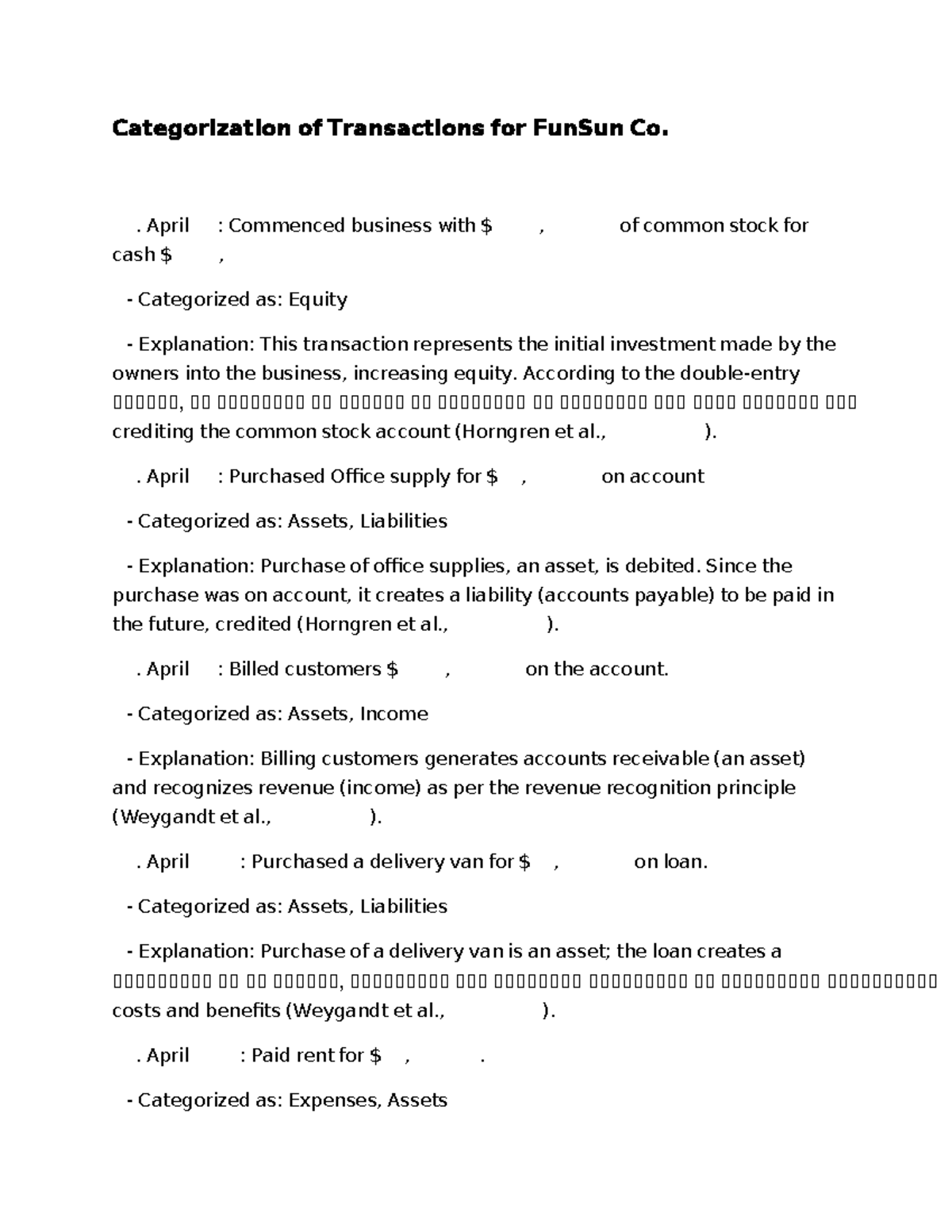 Business - Categorization of Transactions for FunSun Co. April 1 ...