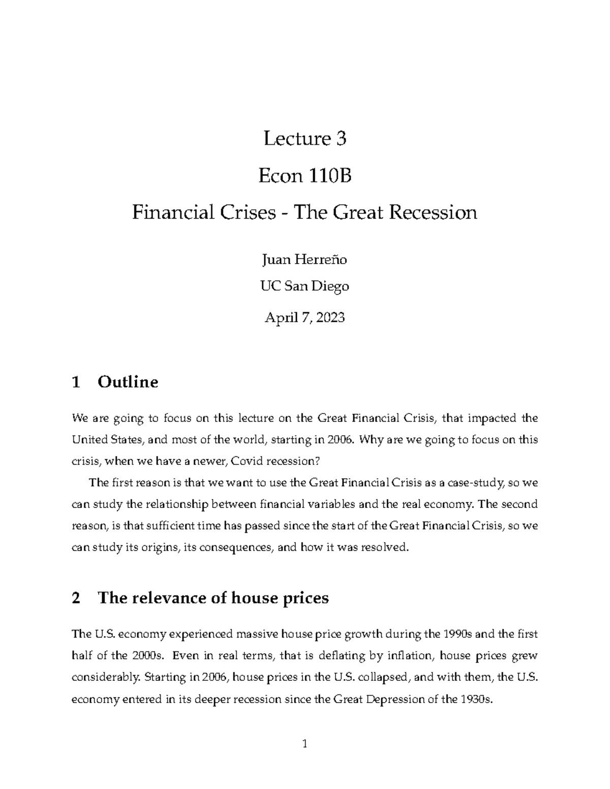 Lecture 3 Ln - Note For Econ110B - Lecture 3 Econ 110B Financial Crises ...