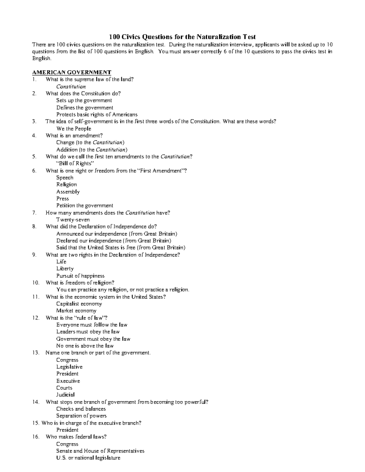Citizenshiptest - citizenship test - 100 Civics Questions for the ...