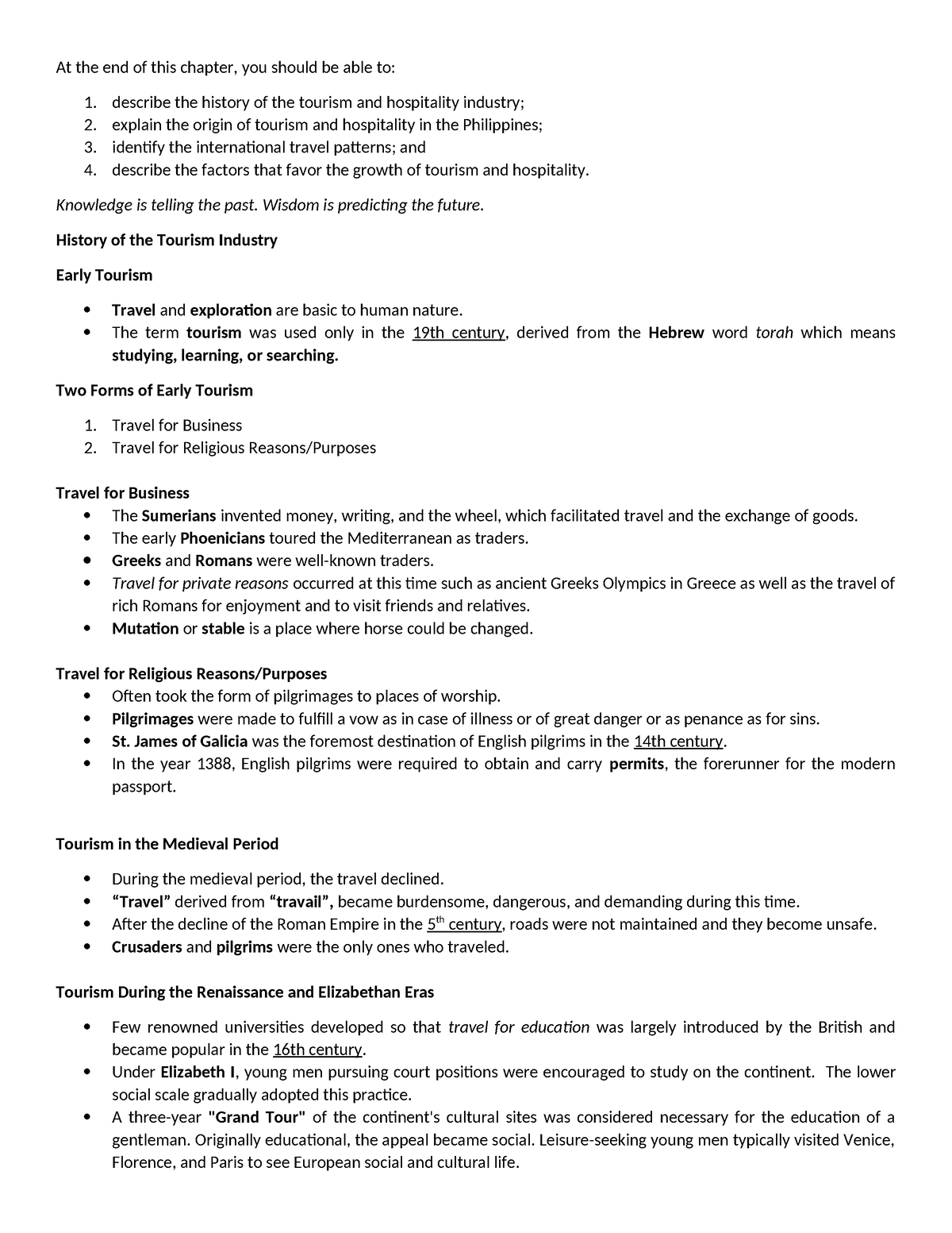 Chapter 2 THE History OF Tourism AND Hospitality - At the end of this ...