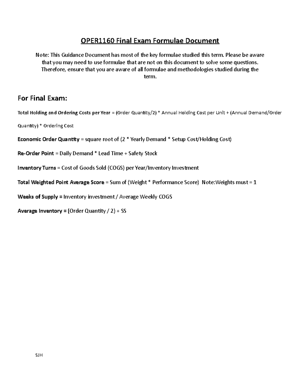 Formulas Final exam formula need to know OPER1160 Final Exam