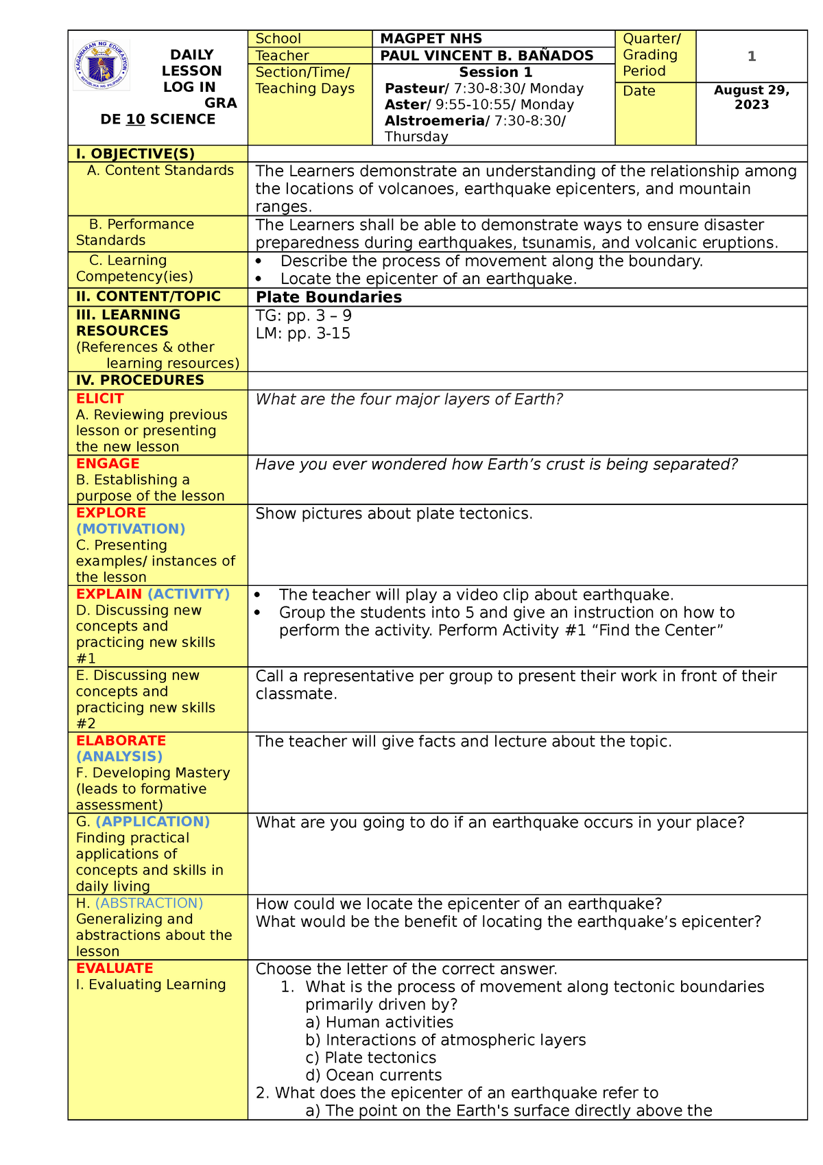 Session 1 - Sample lesson plans - DAILY LESSON LOG IN GRA DE 10 SCIENCE ...