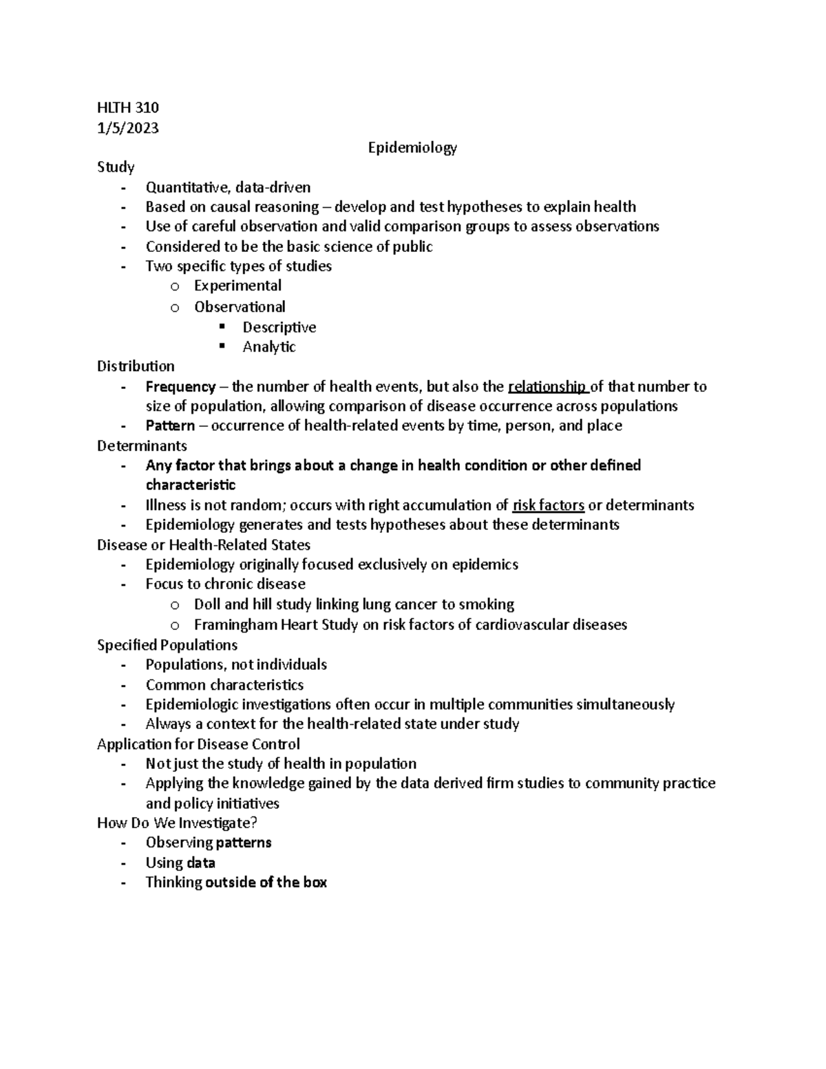 Intro to Epi - In class notes - HLTH 310 1/5/ Epidemiology Study ...