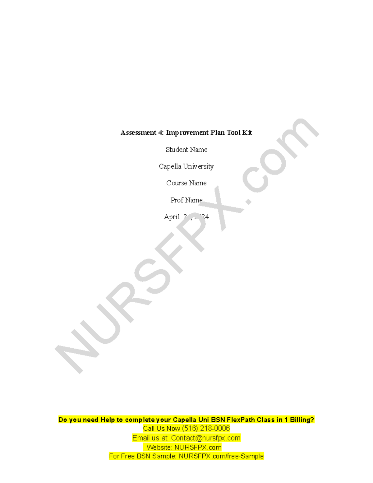 Nurs Fpx 4020 Assessment 4 Improvement Plan Tool Kit - Assessment 4 ...