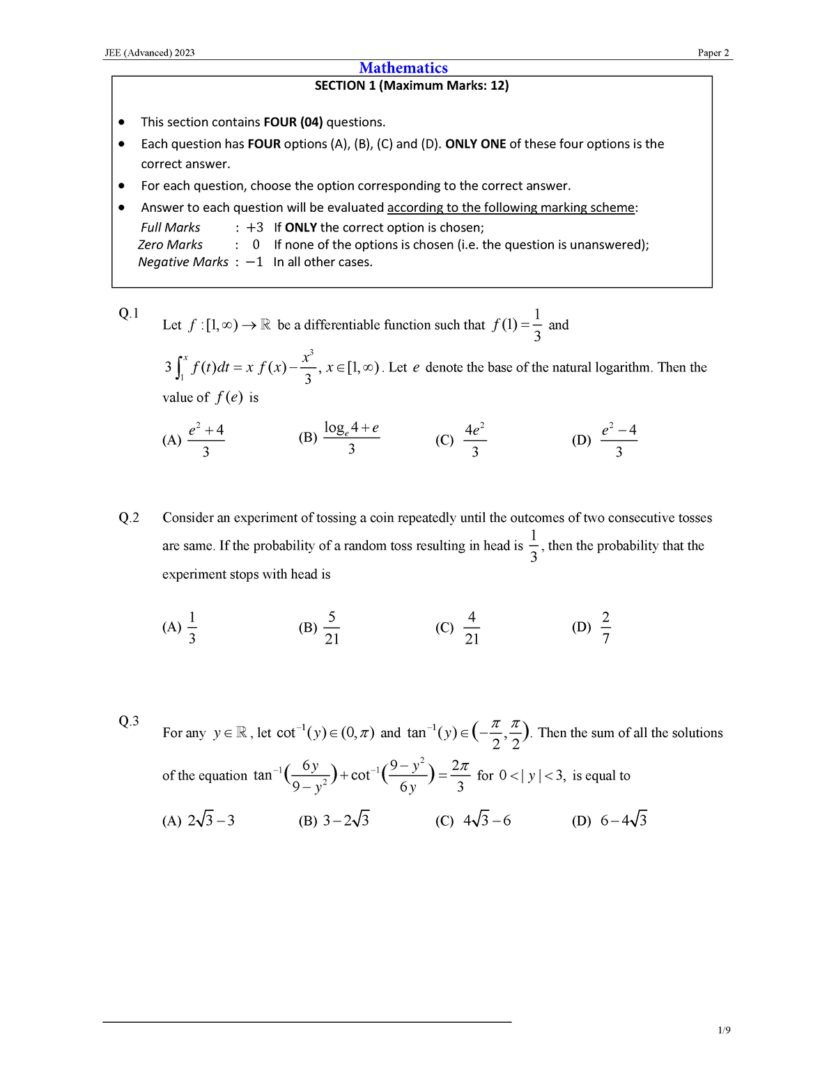 JEEAdv 2023 Paper 2 - Q. Let f :[1, ) be a differentiable function such ...