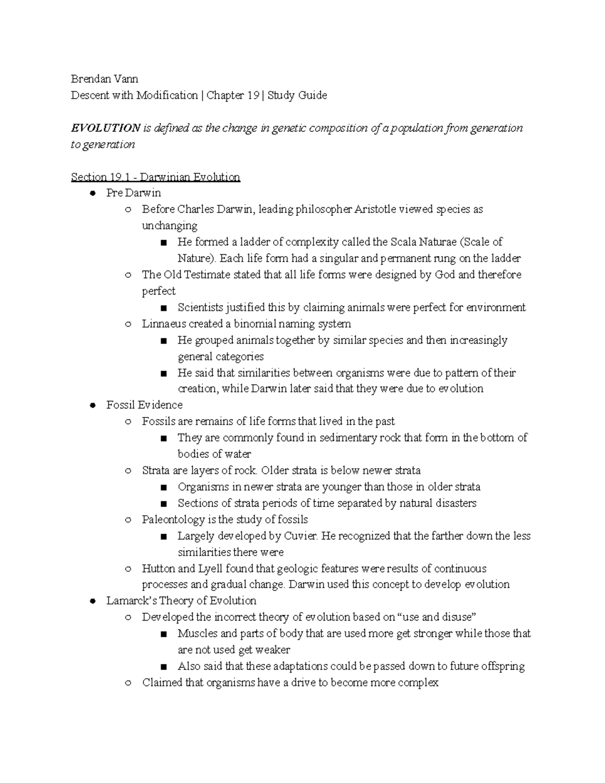 Chapter 19 Study Guide - Brendan Vann Descent with Modification ...