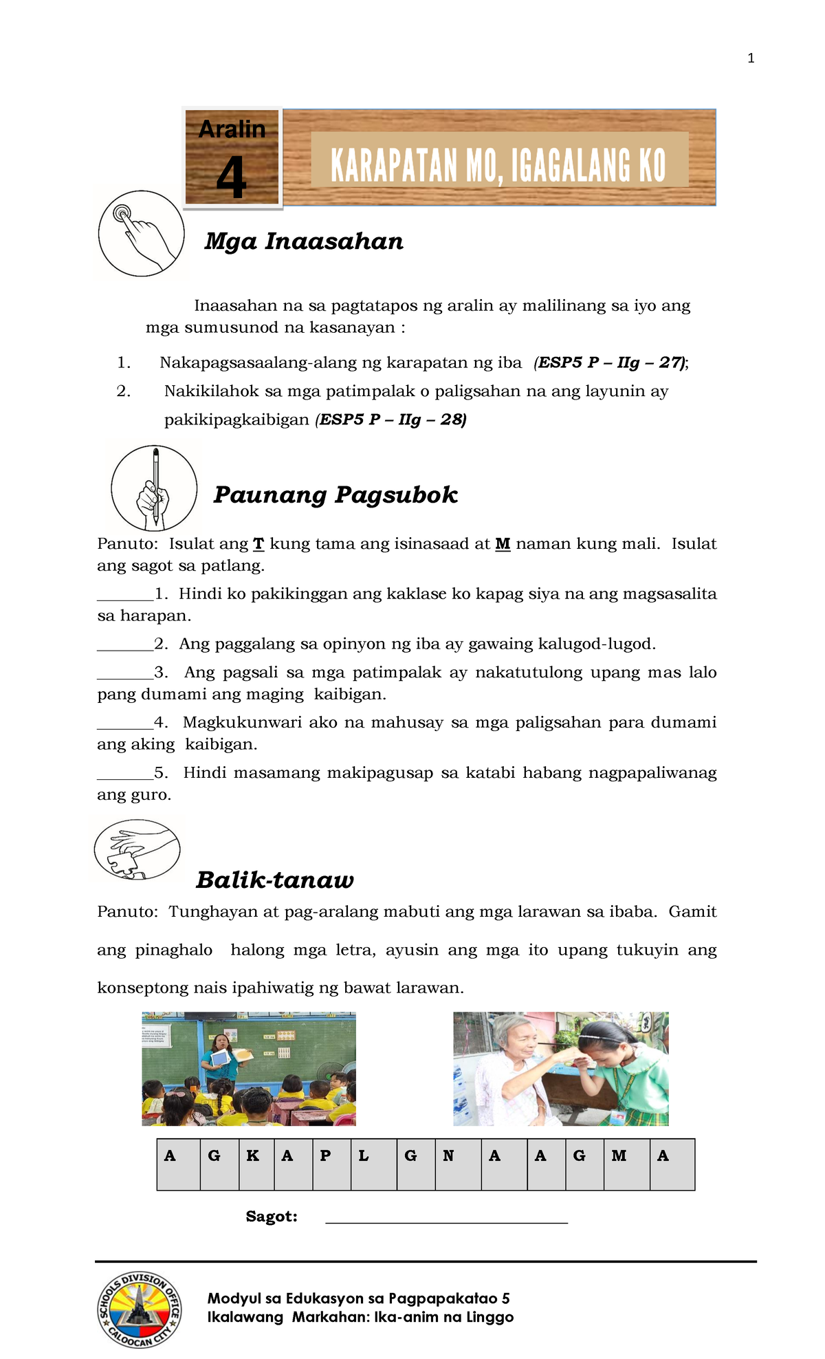 EDUKASYON SA PAGPAPAKATAO MODULE WEEK 5 LEARNING MATERIAL Modyul sa