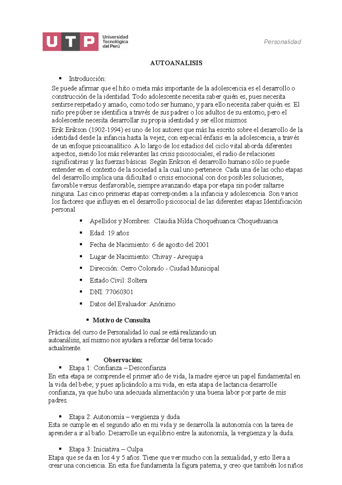 Autoanalisis Personalidad Semana 09 - Personalidad AUTOANALISIS ...