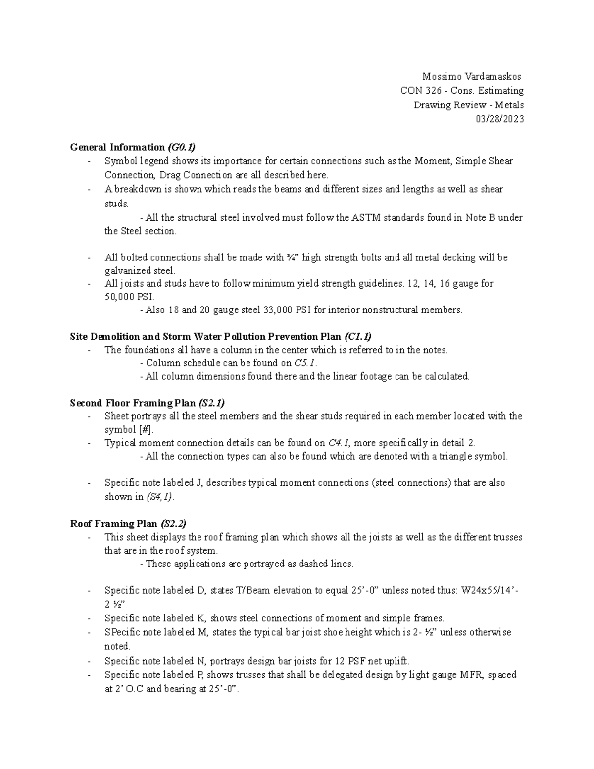 CON 326 Drawing Review Metals Mossimo Vardamaskos CON 326 Cons