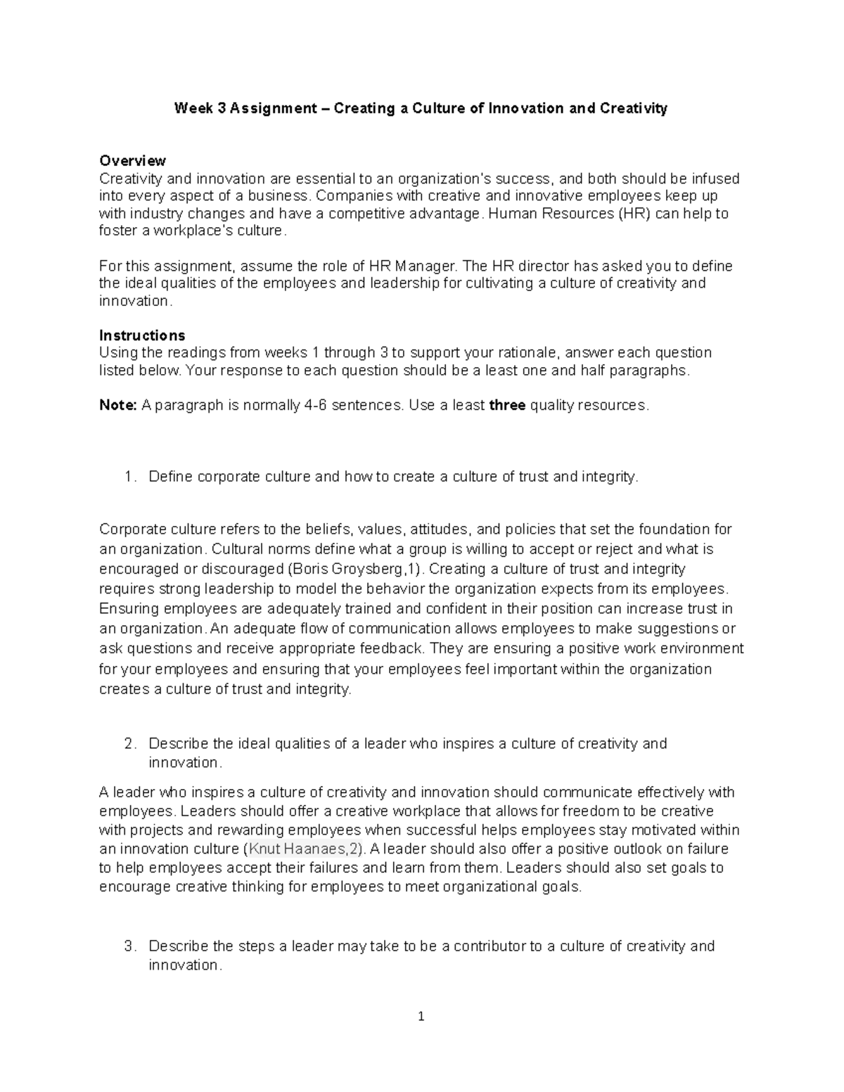 A1 assignment Jessica Monk - Week 3 Assignment – Creating a Culture of ...