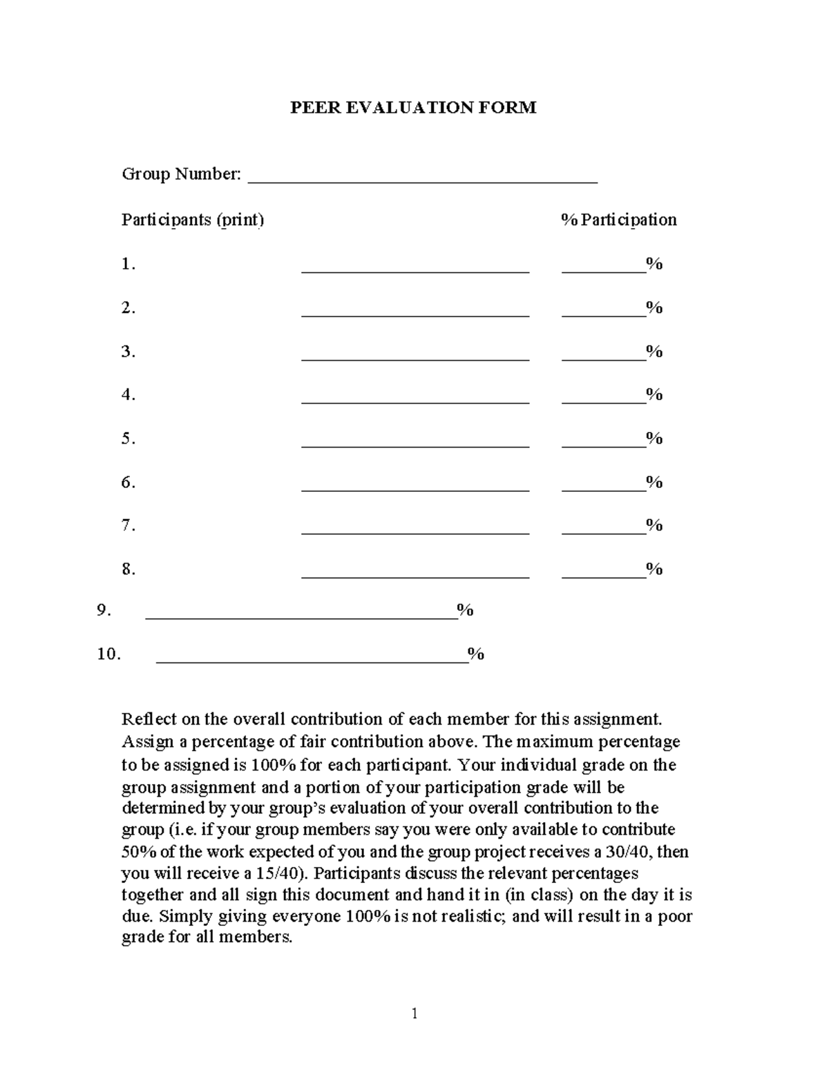 ENT 101 Peer Evaluation Form - PEER EVALUATION FORM Group Number: - Studocu