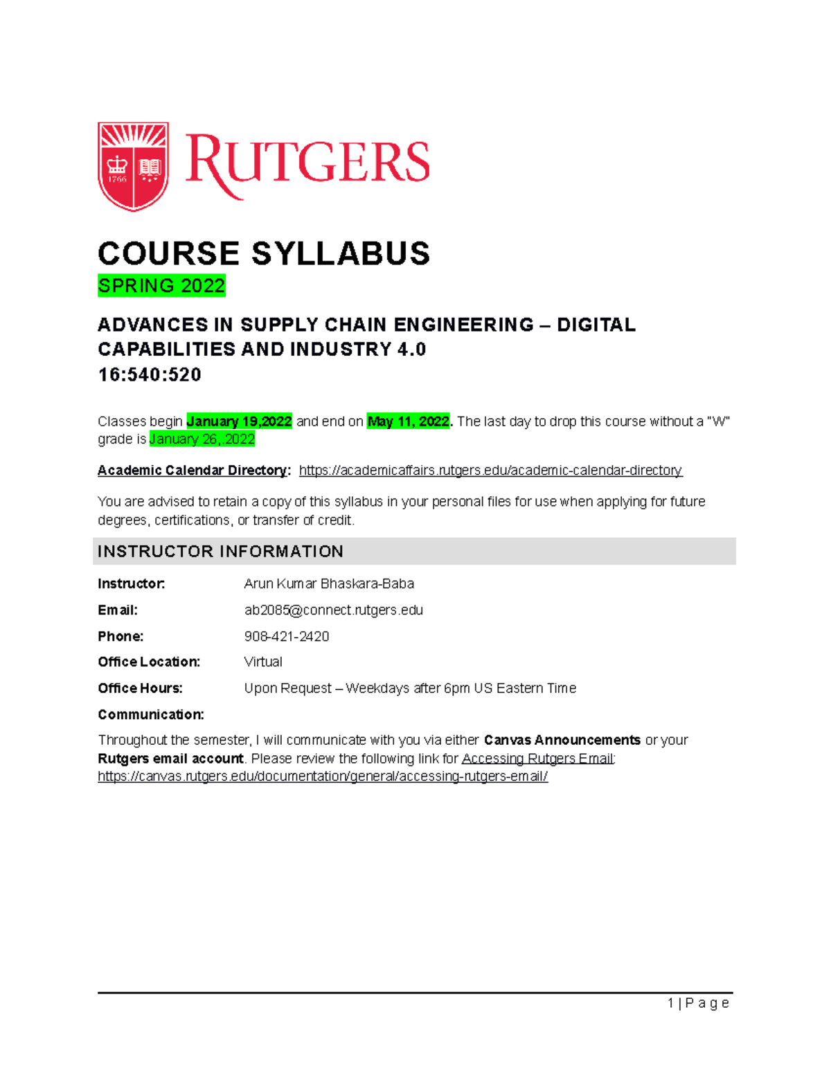 540-520-Advances in Supply Chain Engineering - Syllabus - COURSE SYLLABUS  SPRING 2022 ADVANCES IN - Studocu