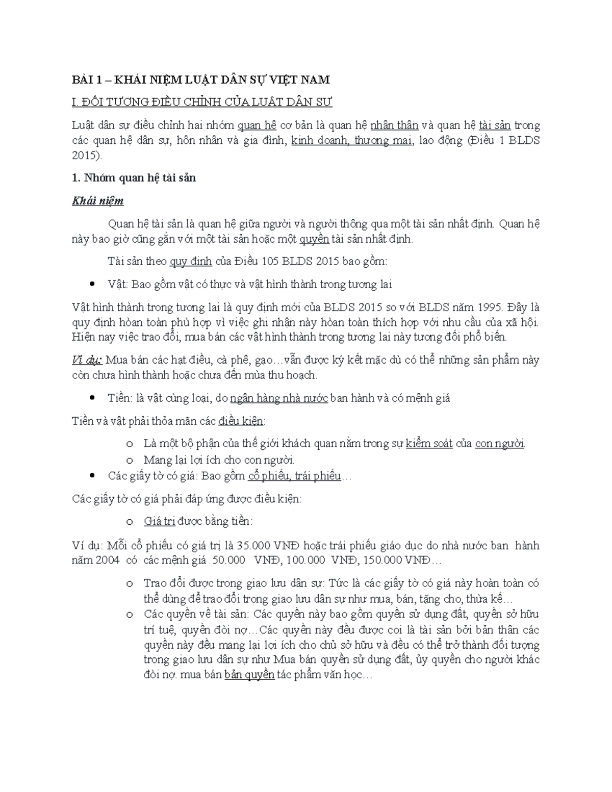 BÀI 1. Khái niệm Luật dân sự Việt Nam - BÀI 1 – KHÁI NIỆM LUẬT DÂN SỰ VIỆT NAM I. ĐỐI TƯỢNG ĐIỀU - Studocu