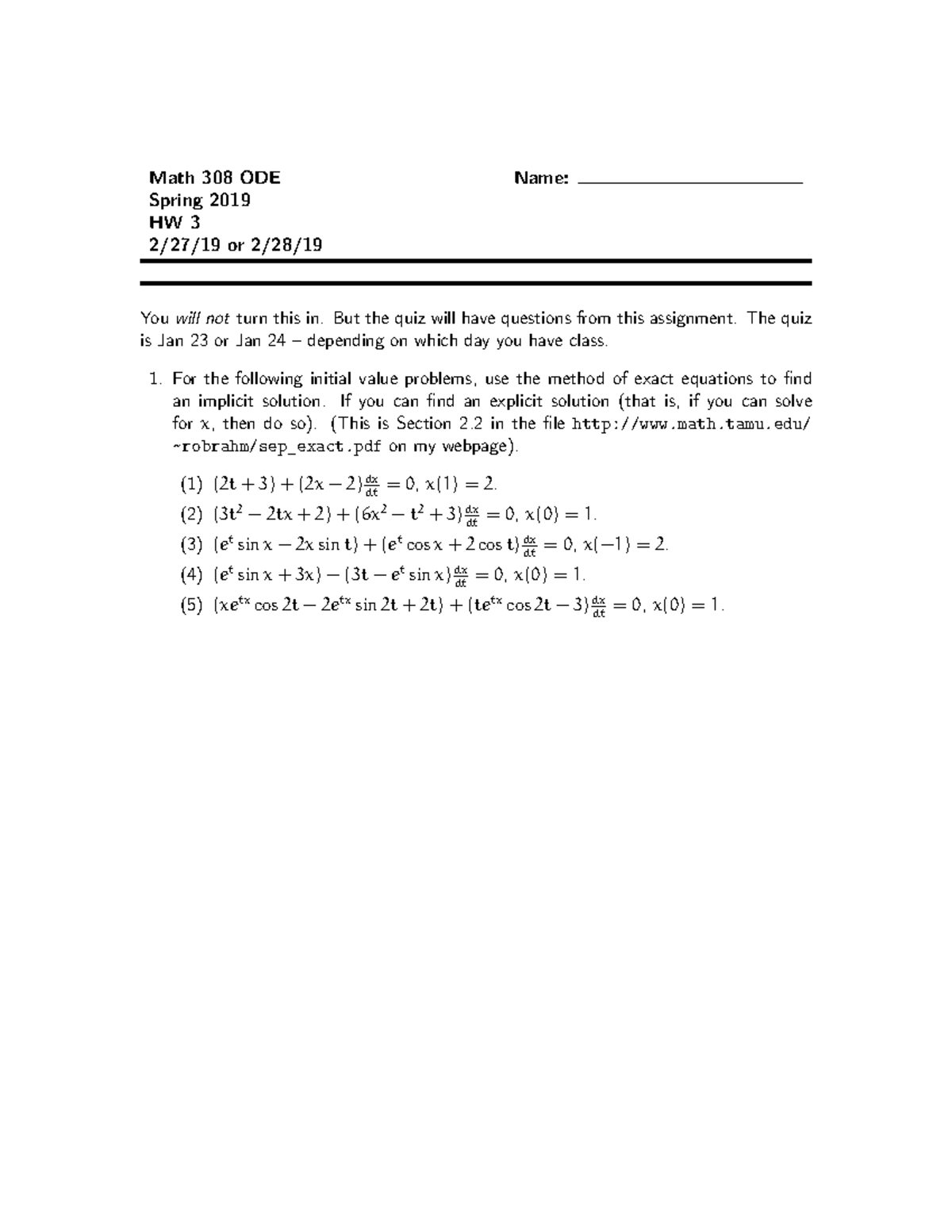 Hw3 - Differential Equations HW 3 - Math 308 ODE Name: Spring 2019 HW 3 ...