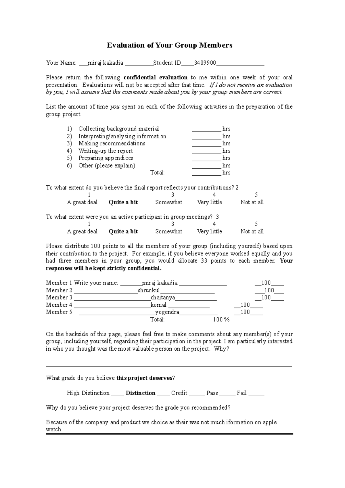 Peers Evaluation FORM-1 - BUSS 2068 - UniSA - Studocu