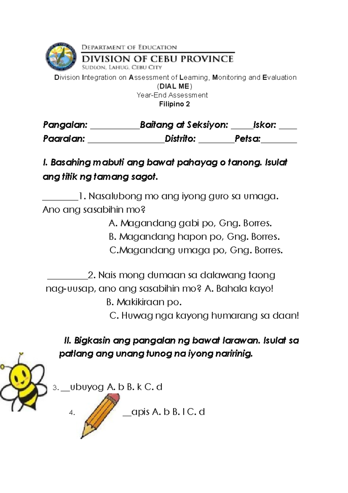 DIAL ME- Filipino 2 - Division Integration on Assessment of Learning ...