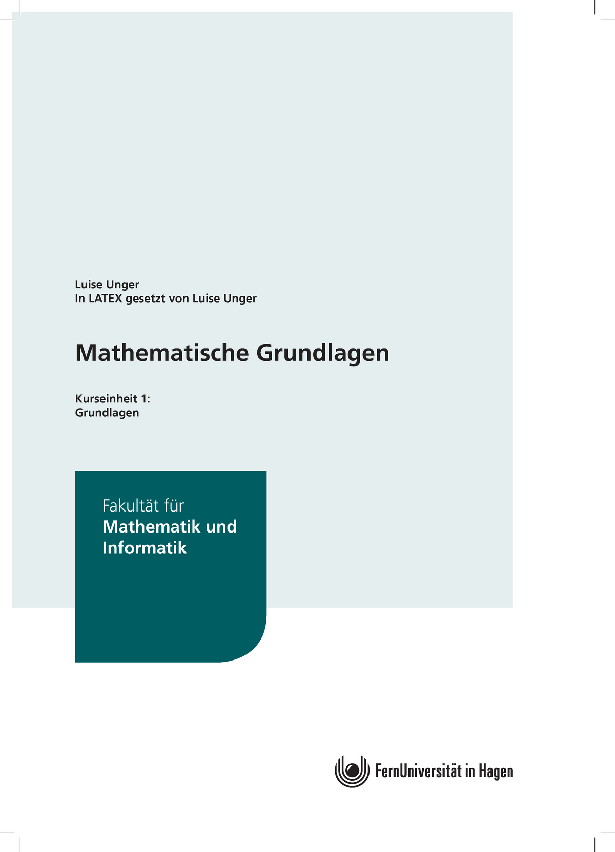 01141-01-S1 - Mathematische Grundlagen Kurseinheit 1 - Luise Unger In ...