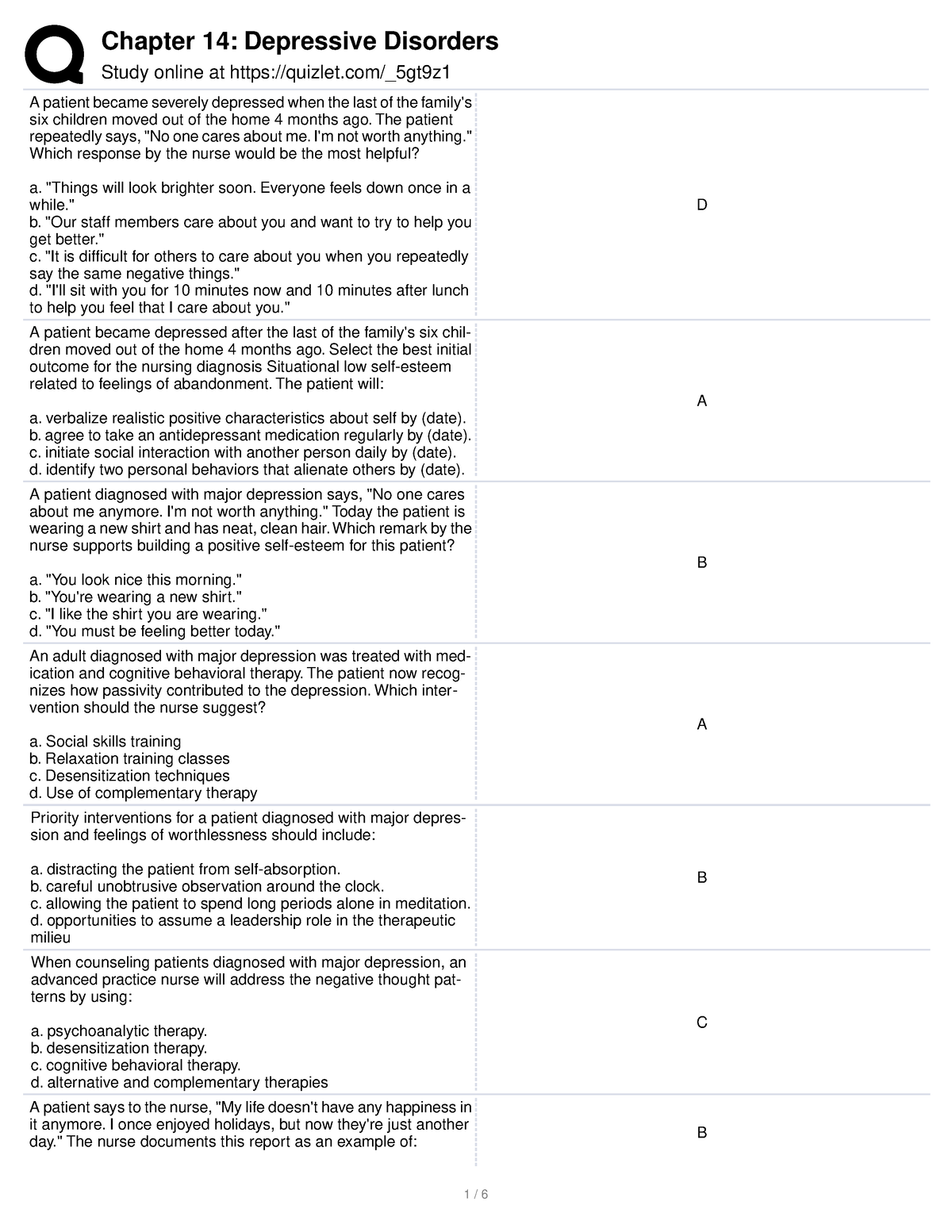 Ch. 14 Quiz Depressive Disorders - Study online at quizlet/_5gt9z A ...