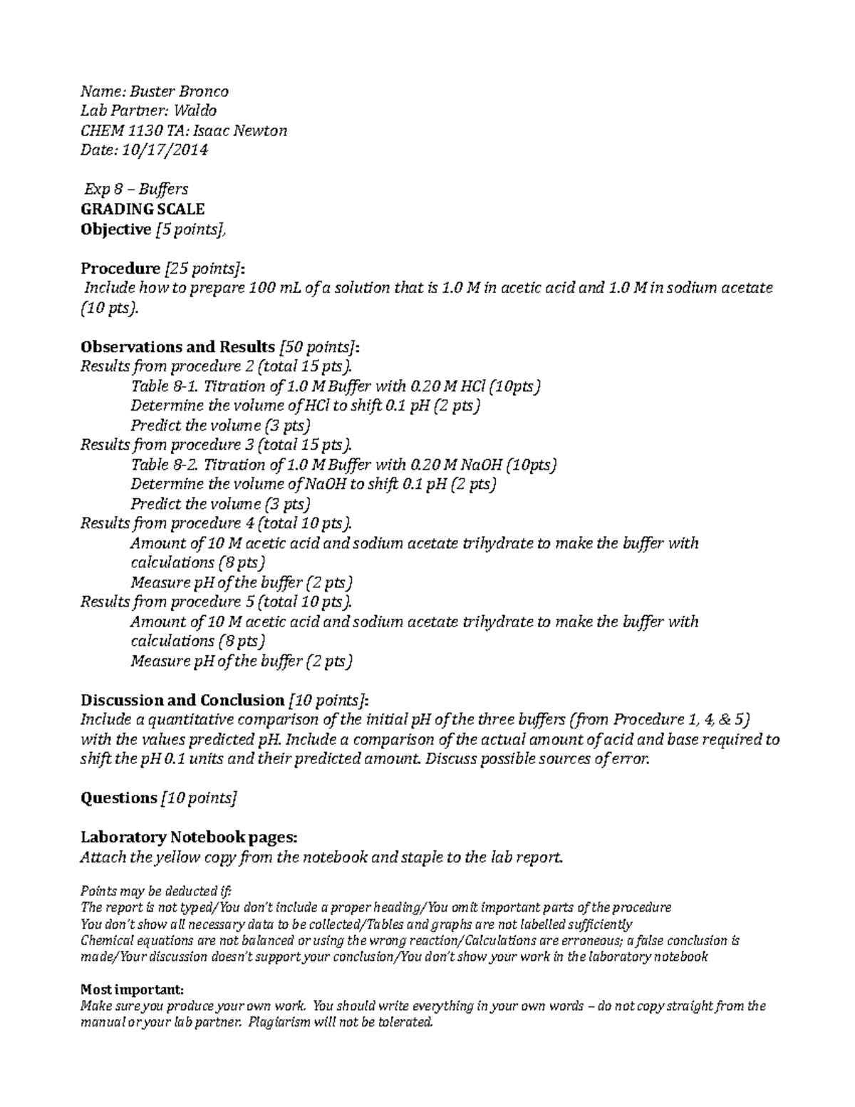 Lab report Exp8 - chemistry - Name: Buster Bronco Lab Partner: Waldo ...