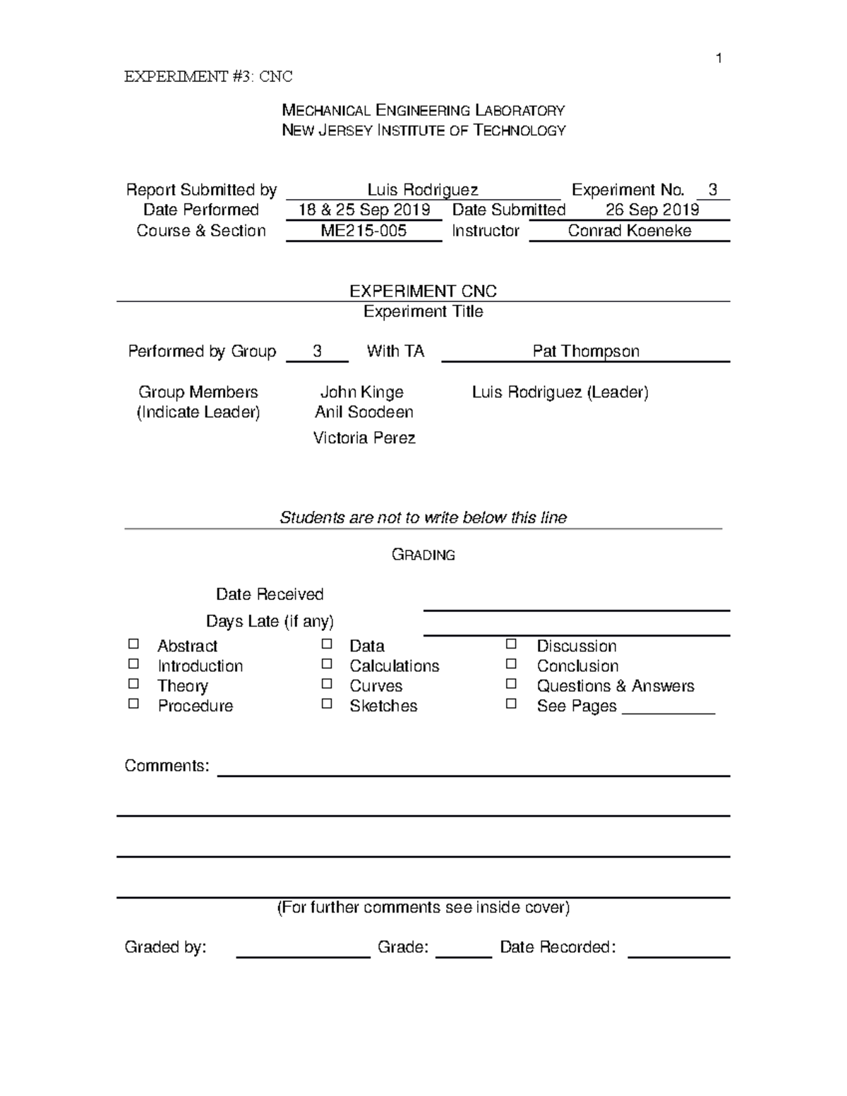 LAB Report CNC EXPERIMENT 3 CNC MECHANICAL ENGINEERING LABORATORY