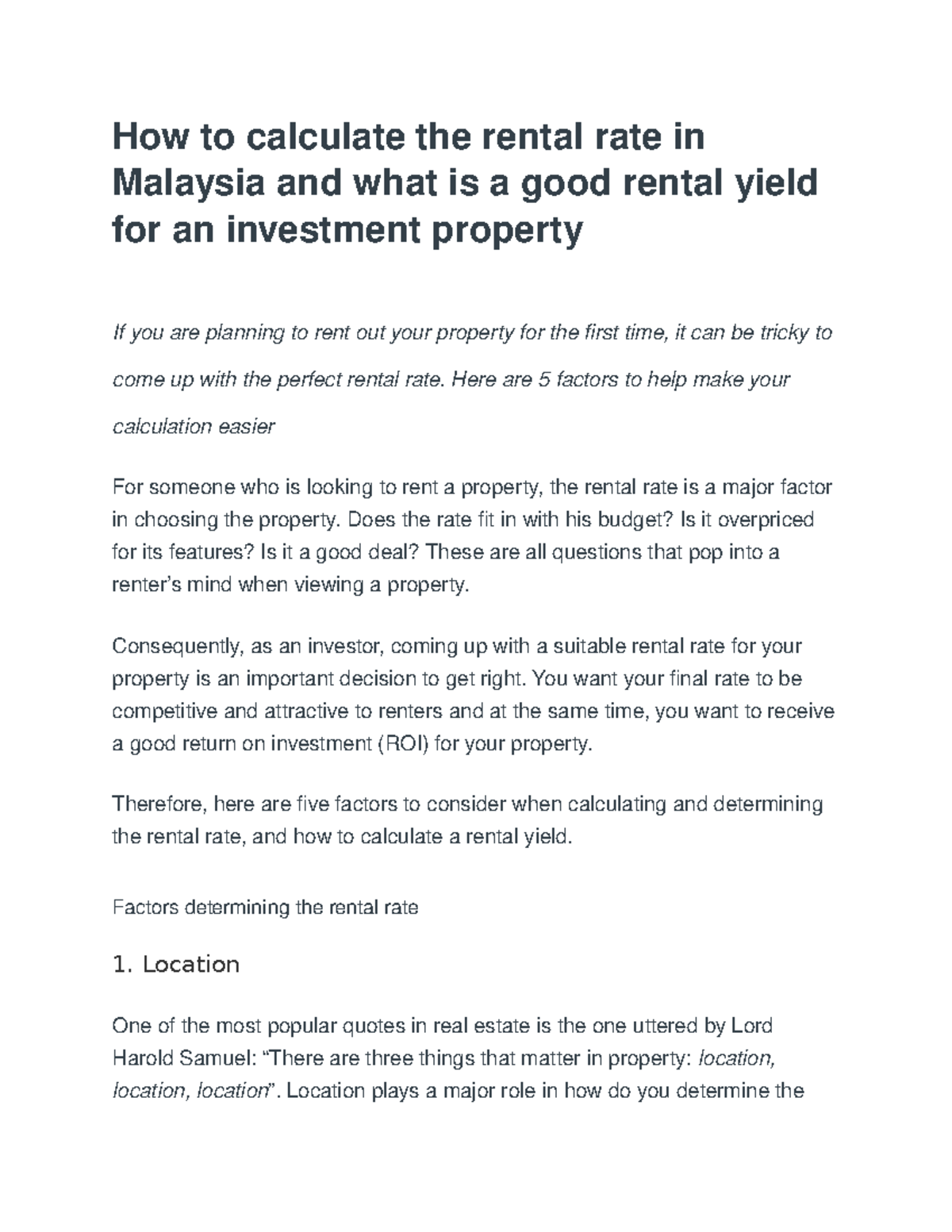 How to calculate the rental rate in Malaysia and what is a good rental