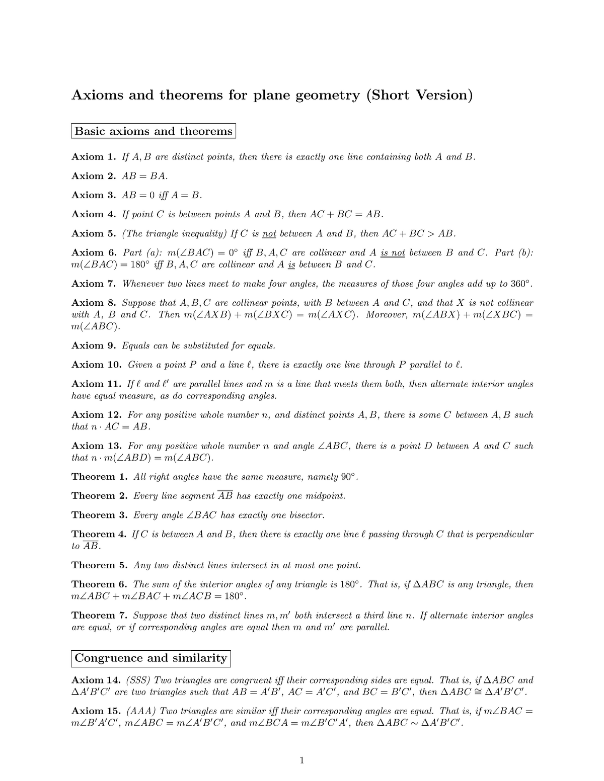 Summary Axioms And Theorems For Plane Geometry Short