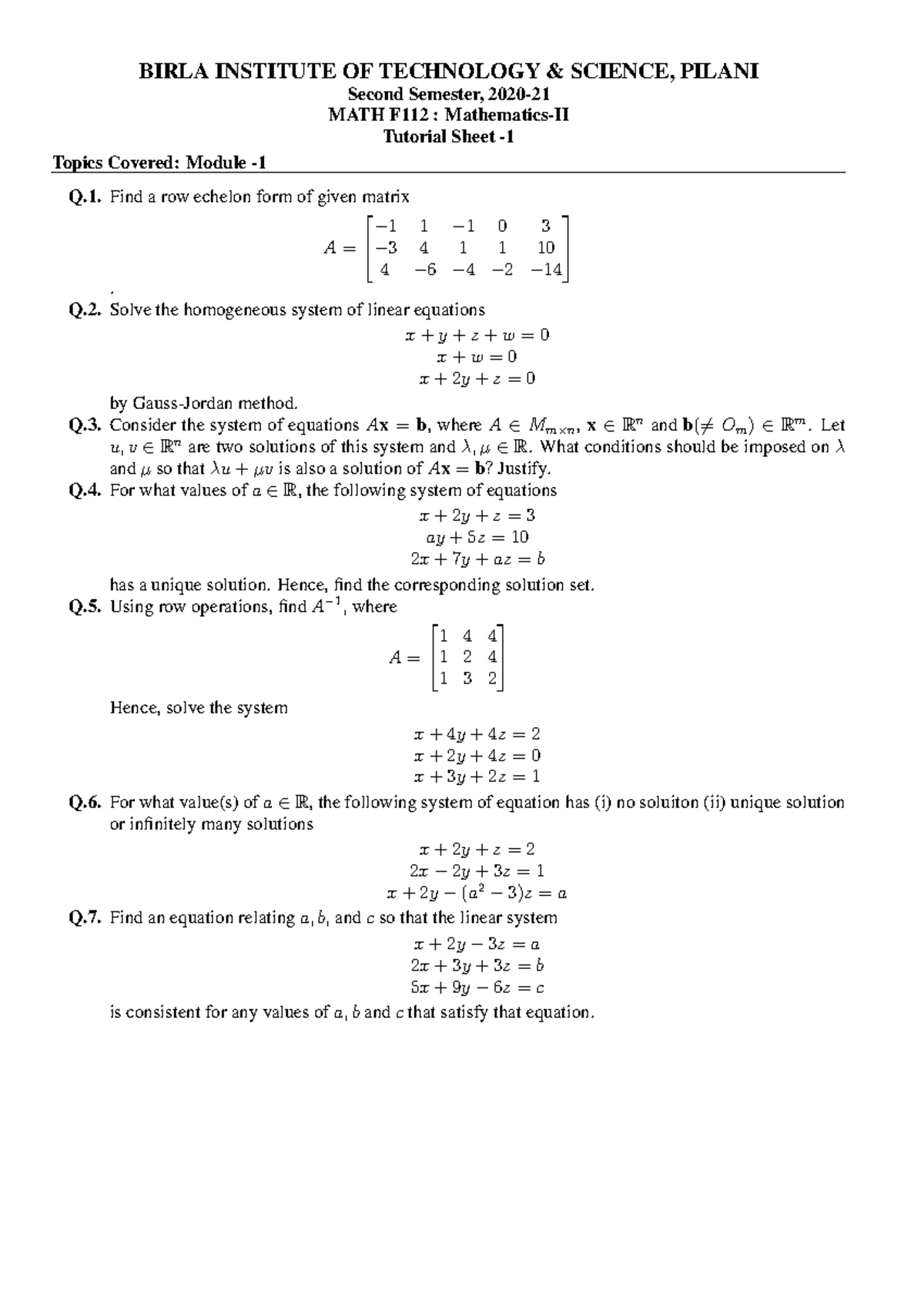 Tutorial Sheet 1 - Mathematics F112 - BITS Pilani - Studocu