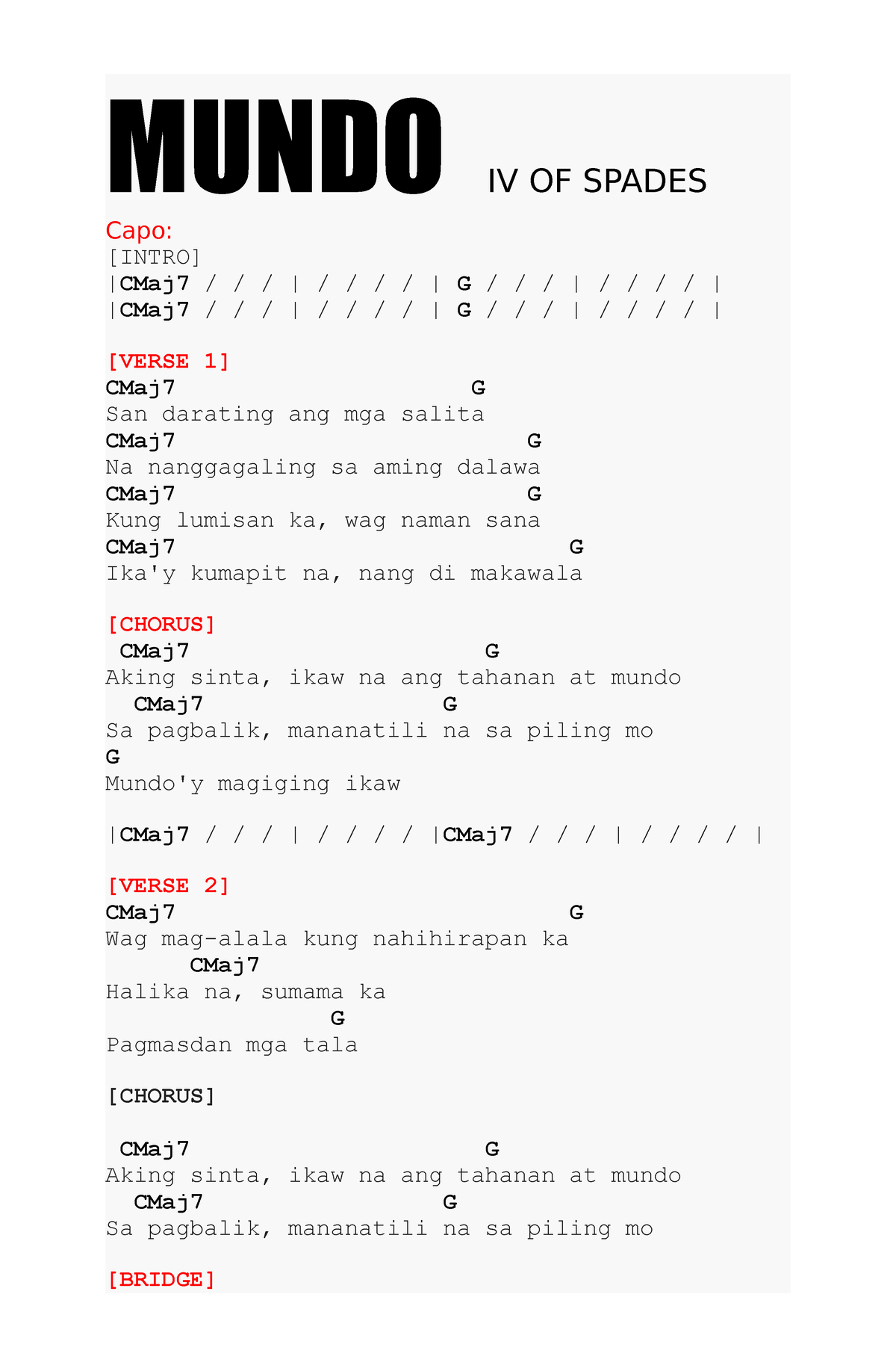 Mundo IV OF Spades Capo - Songs And Chords - MUNDO IV OF SPADES Capo ...
