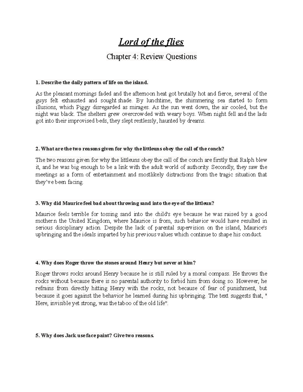 LOTF Chapter 4 Review Questions - Lord of the flies Chapter 4: Review ...