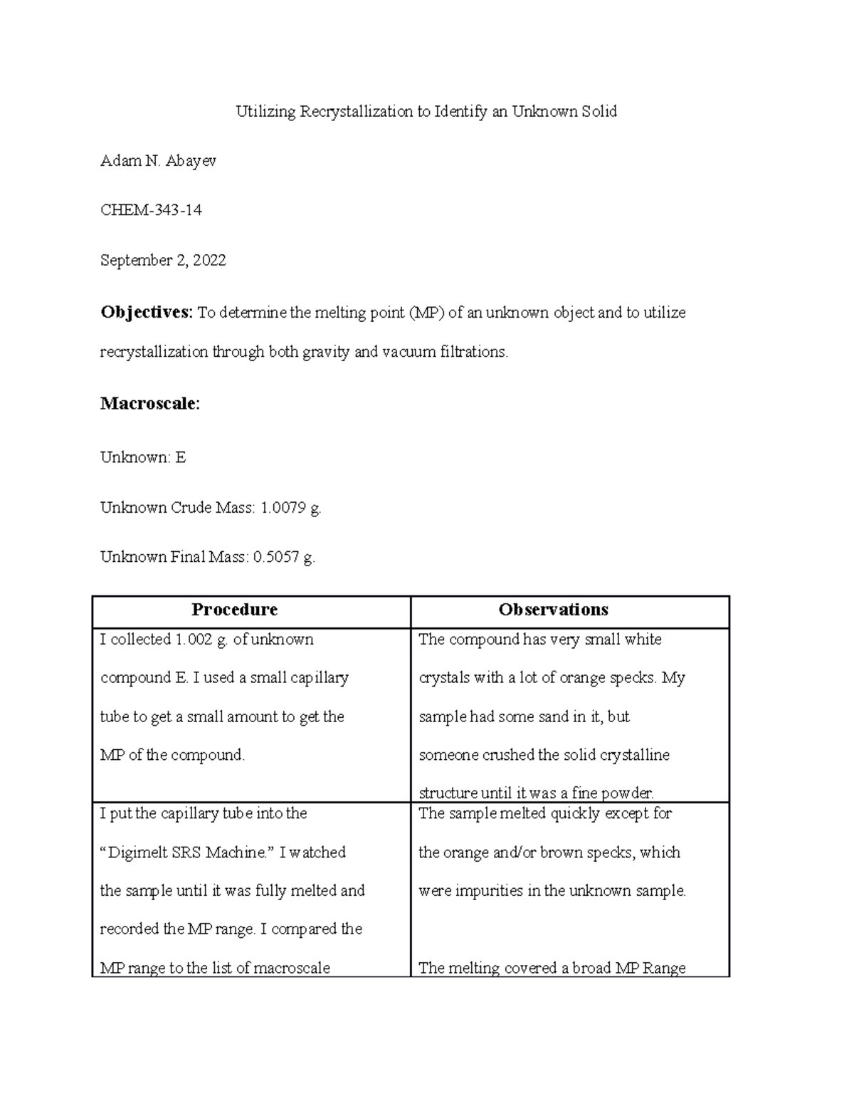 Chem 343 - Lab 1 Report - Utilizing Recrystallization to Identify an ...