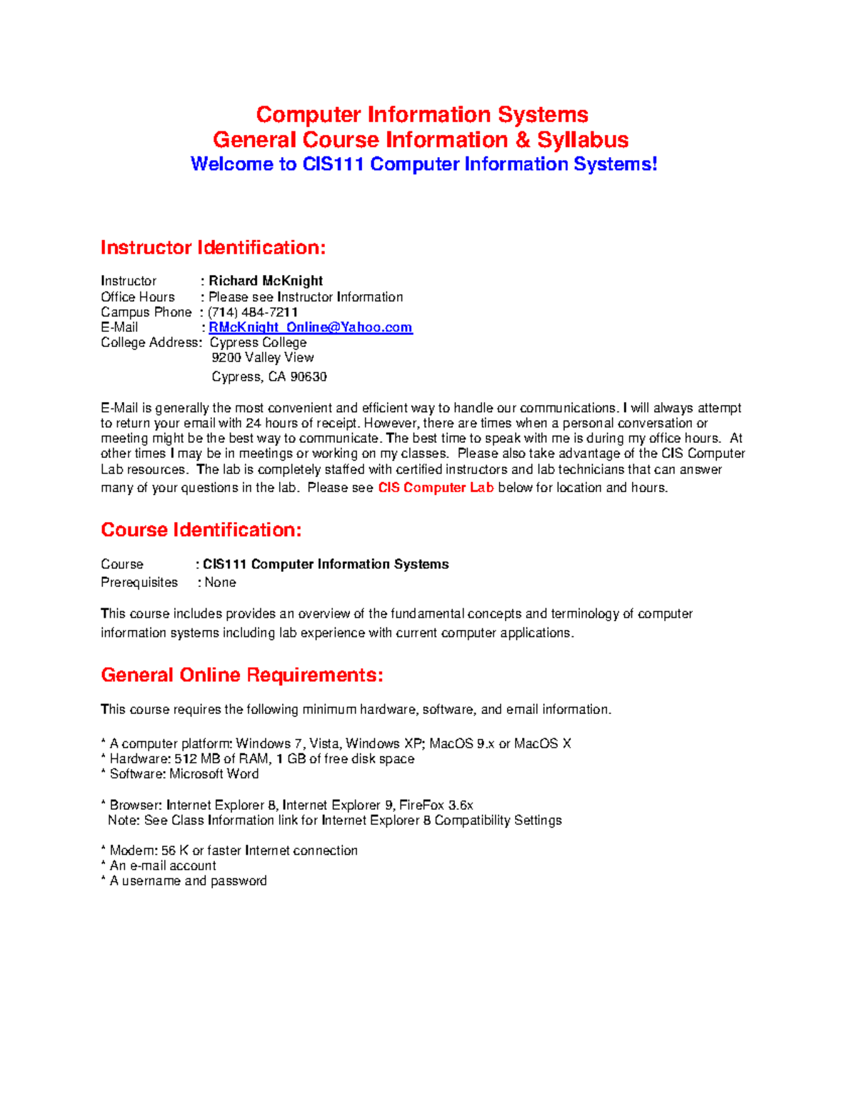 CIS111 Online - General Course Syllabus - Computer Information Systems ...