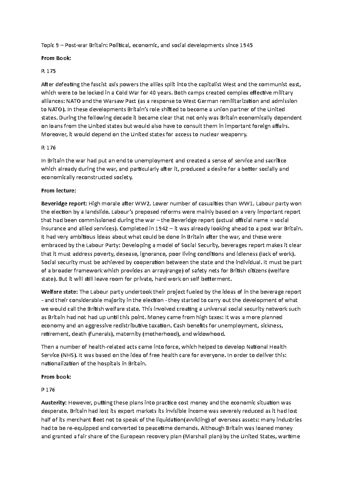 Summary of Topic 9 Postwar Britain Topic 9 Postwar Britain