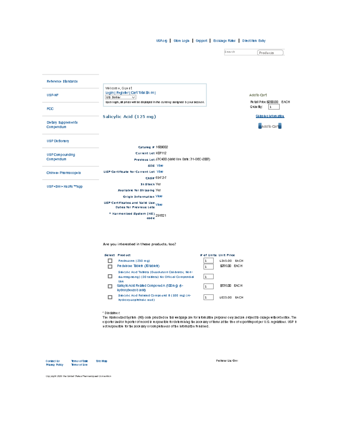 Ac salicylico Reference Standards USPNF FCC Dietary Supplements