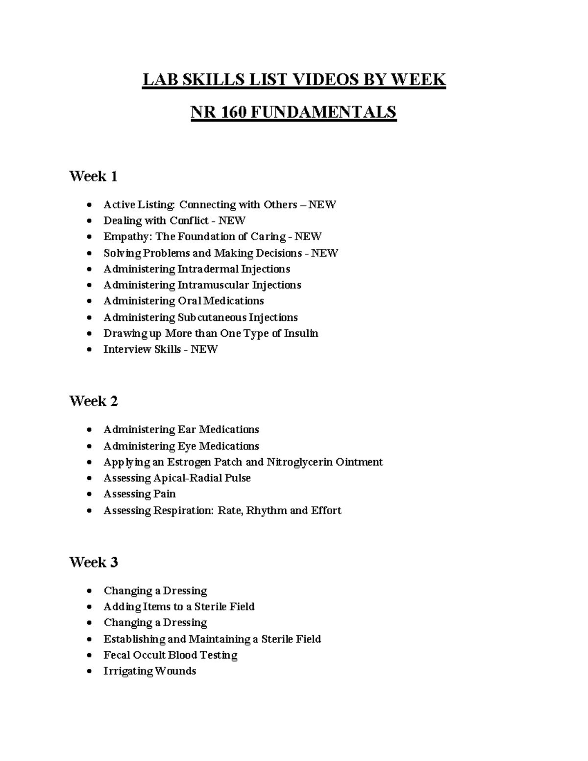 160 LAB Skills LIST Videos BY WEEK LAB SKILLS LIST VIDEOS BY WEEK NR