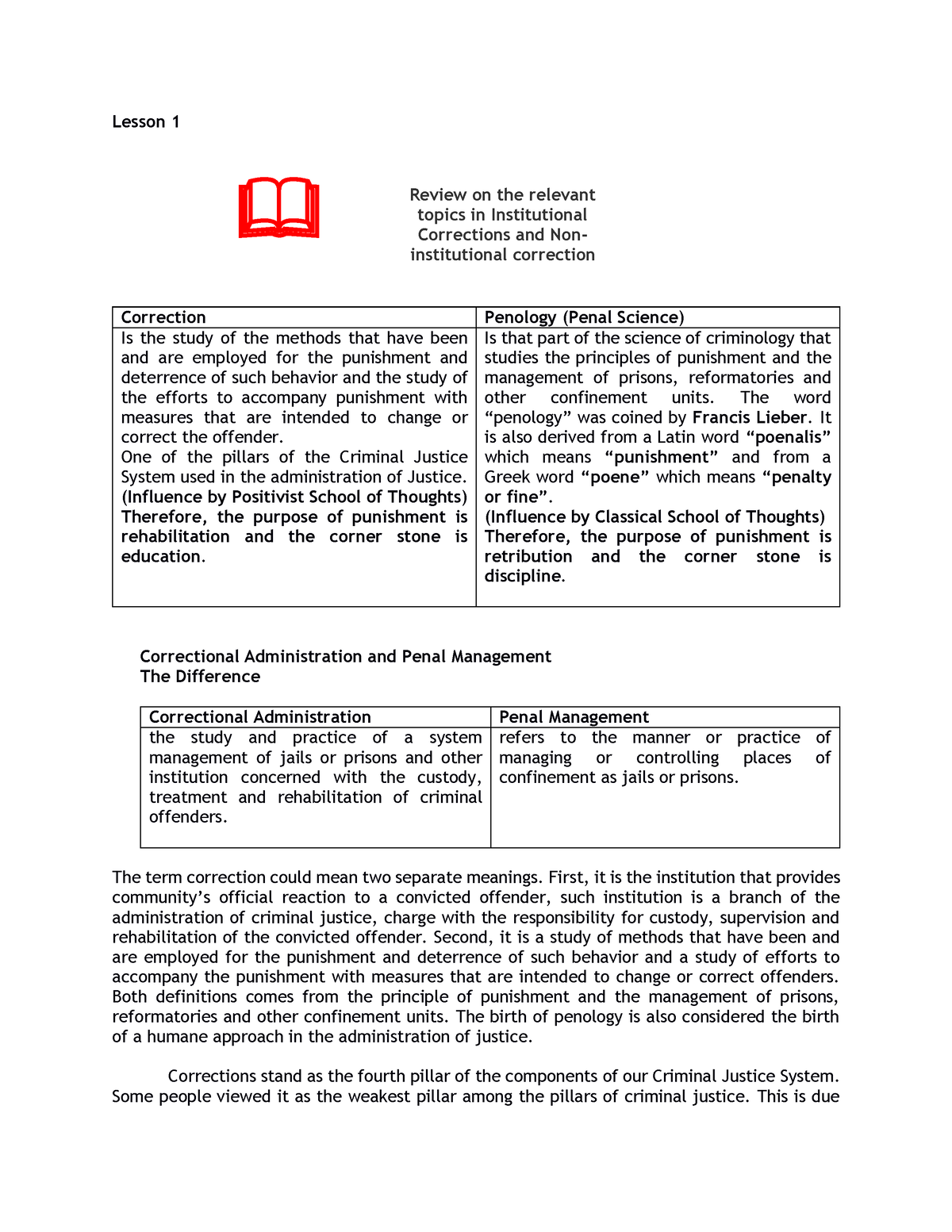 Review Relevant Topics in Institutional Corrections and Non Institutional Corrections Lesson 1