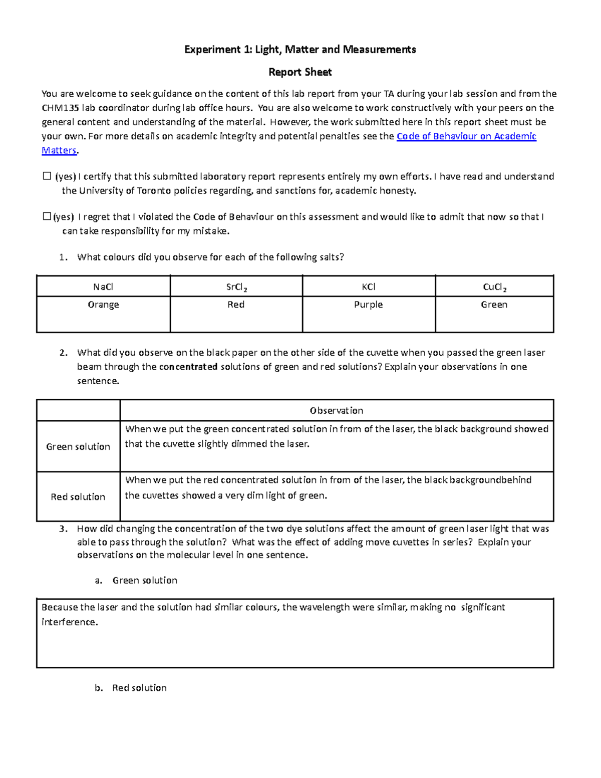 CHM135 Lab 1 report sheet - Experiment 1: Light, Matter and ...