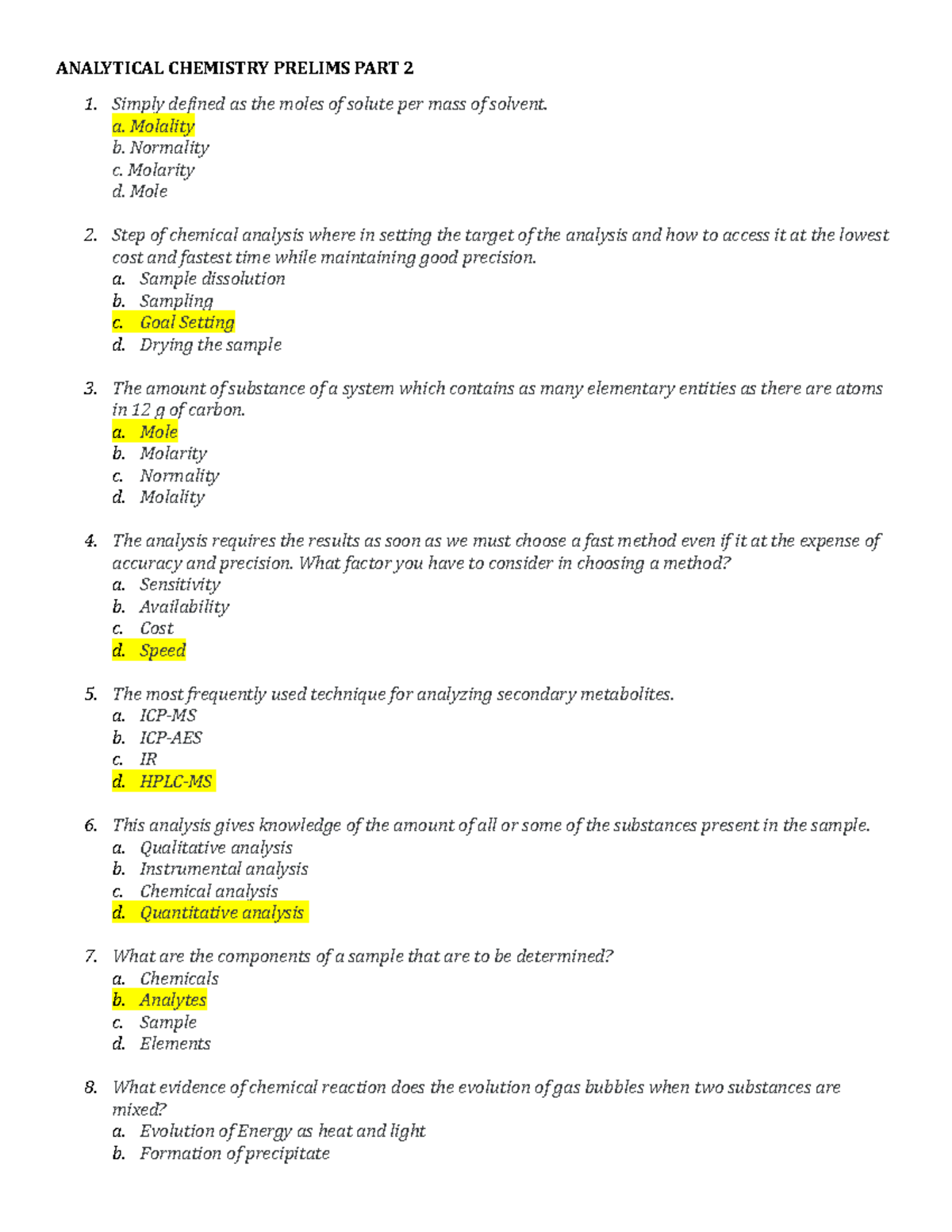 Analytical Chemistry Prelims EXAM PART 2 - ANALYTICAL CHEMISTRY PRELIMS ...