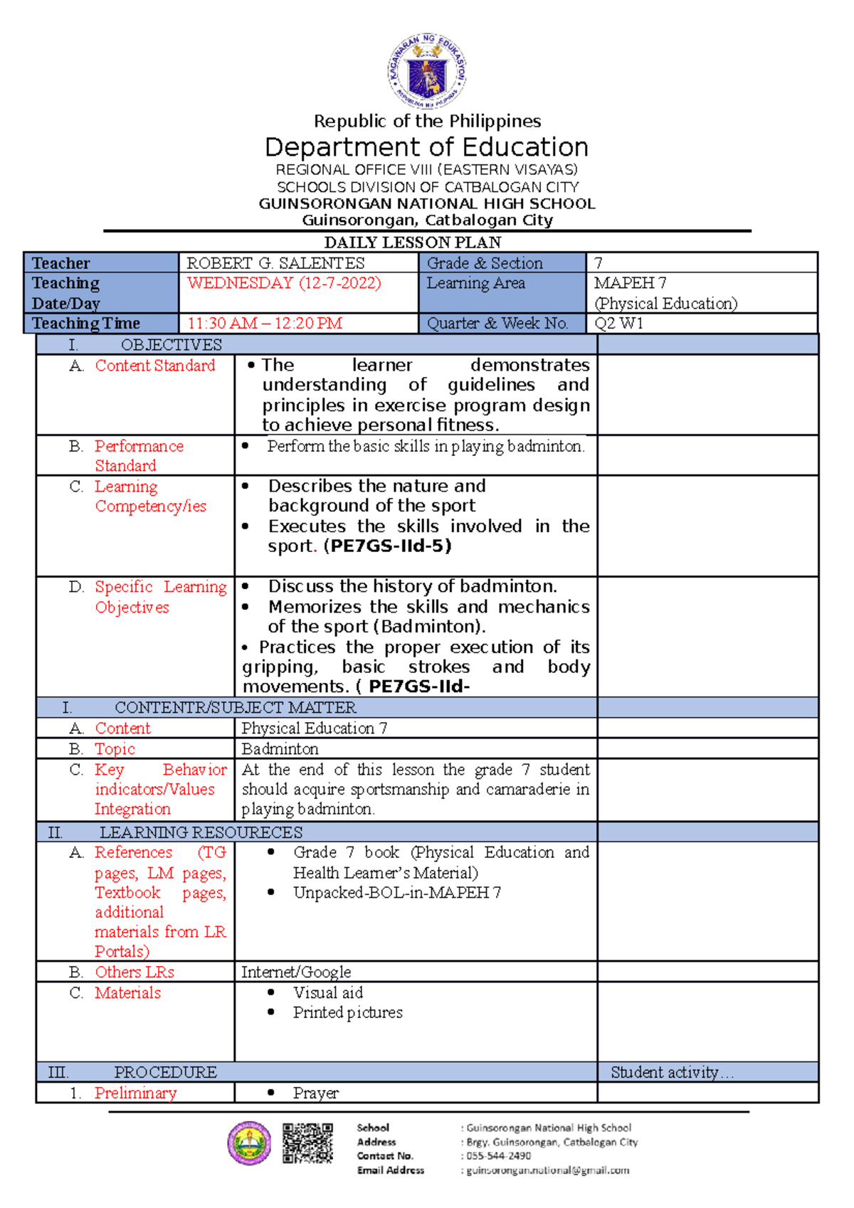 Badminton Lesson PLAN DEMO Autosaved Department of Education REGIONAL