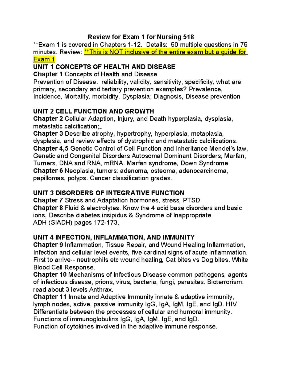 Exam One Review Spring 2024 - Review for Exam 1 for Nursing 518 **Exam ...