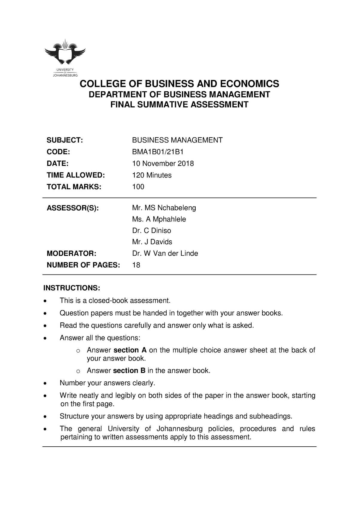 BMA1B01 2018 Exam Paper - COLLEGE OF BUSINESS AND ECONOMICS DEPARTMENT ...