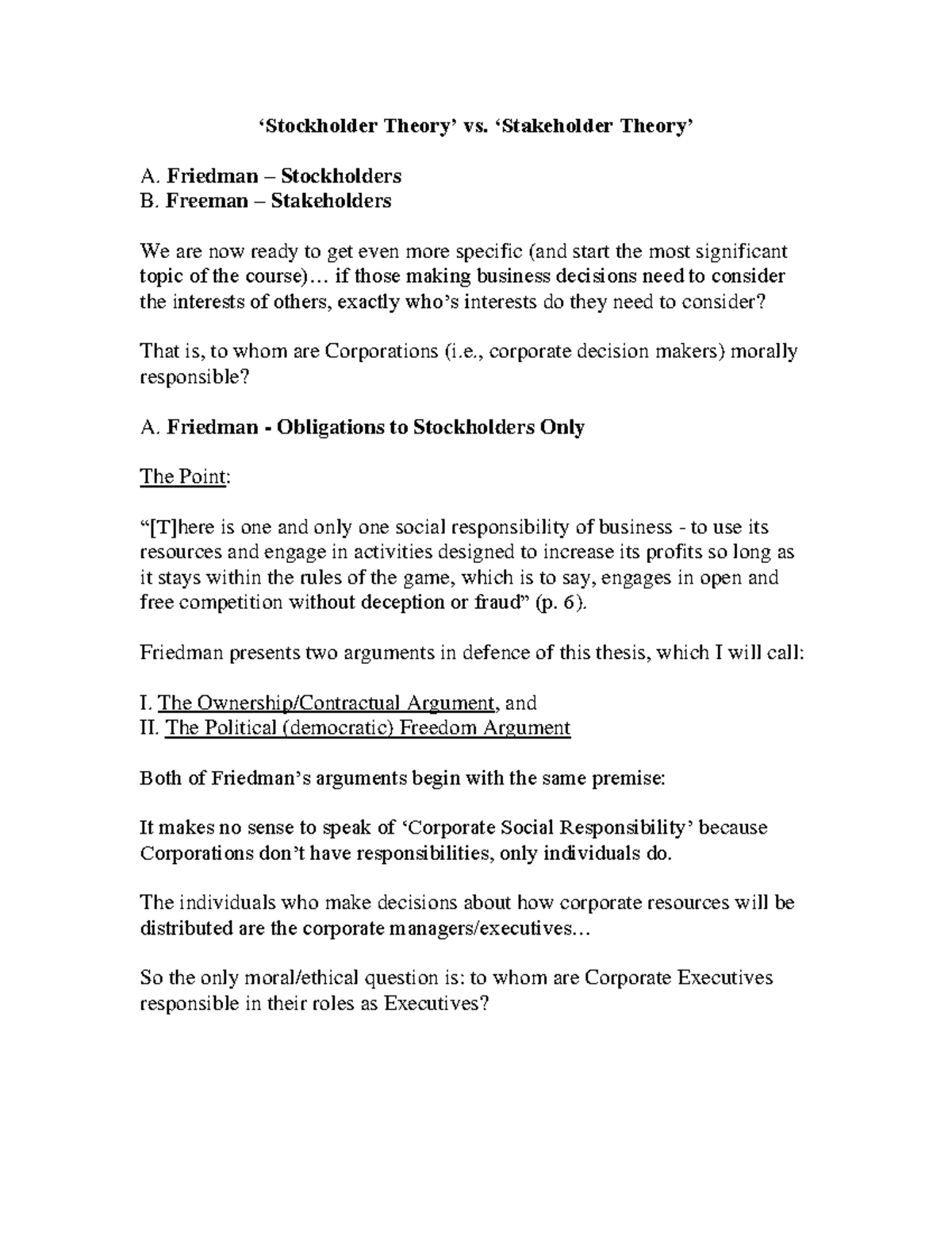Friedman and Freeman Course Reading ‘Stockholder Theory’ vs