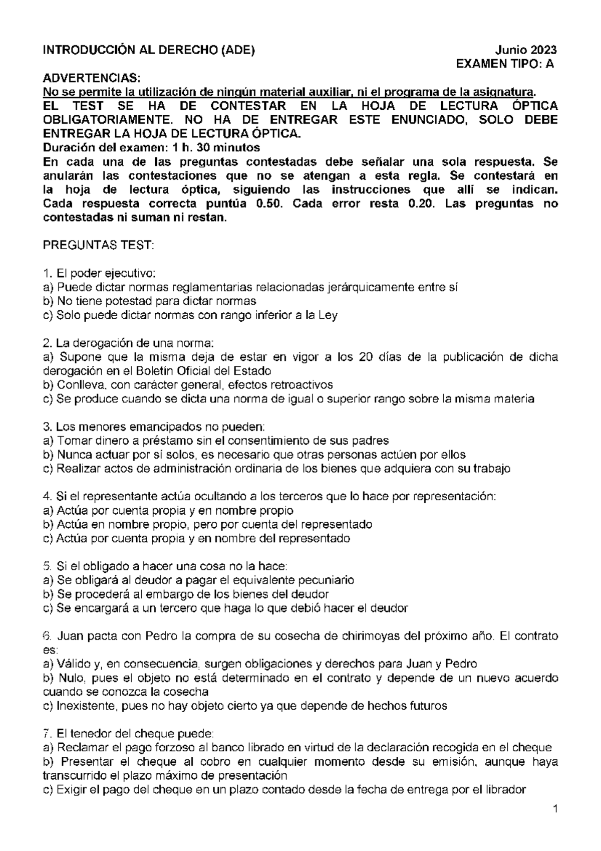 E 65022107 0 A23J1 - Examen Junio A - Introducción Al Derecho (ADE ...